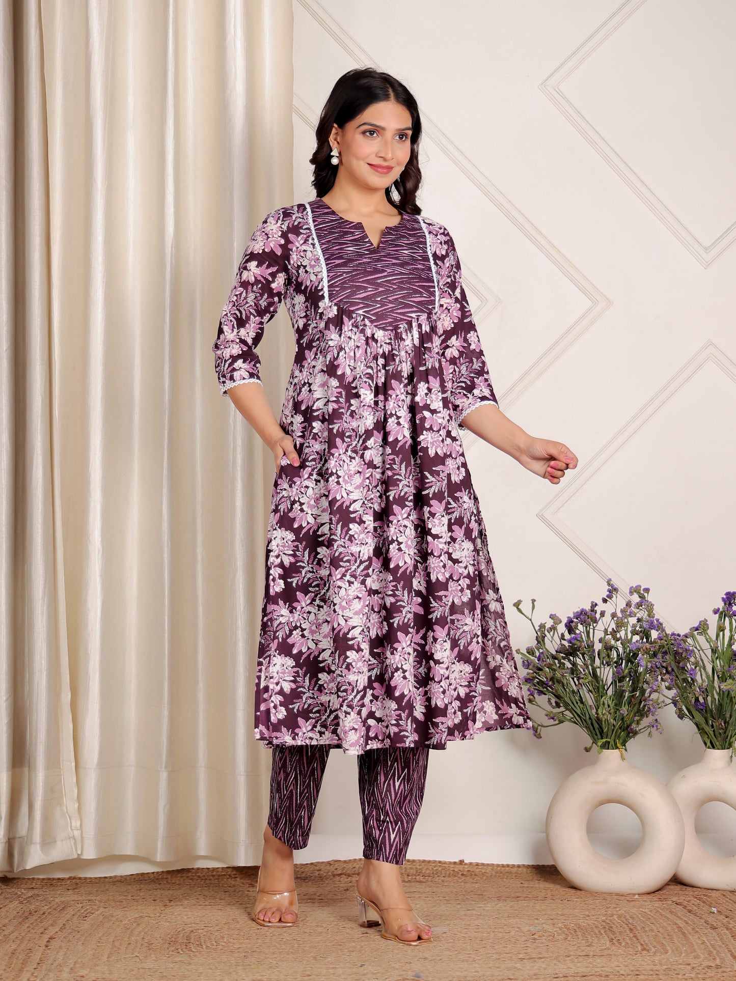 Soft Cotton Floral A-line Purple Kurta