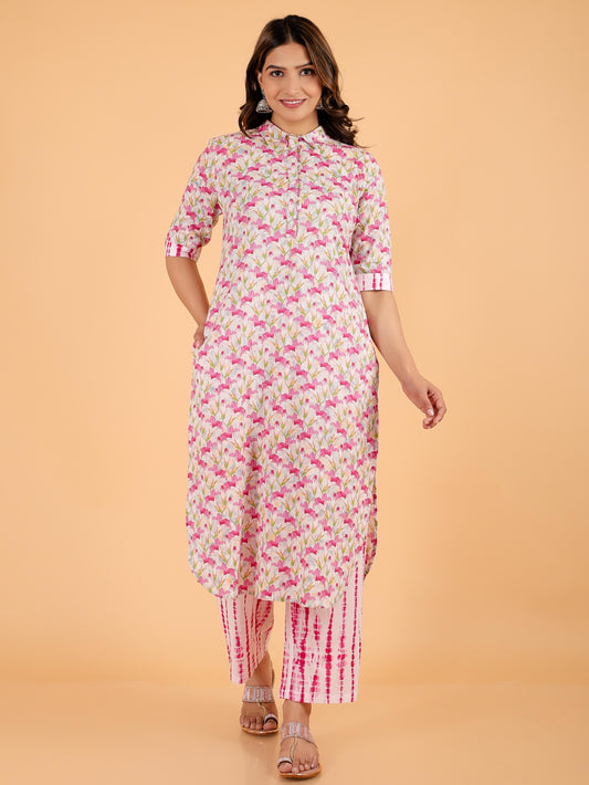 Soft Cotton Floral Pathani Pink Kurta