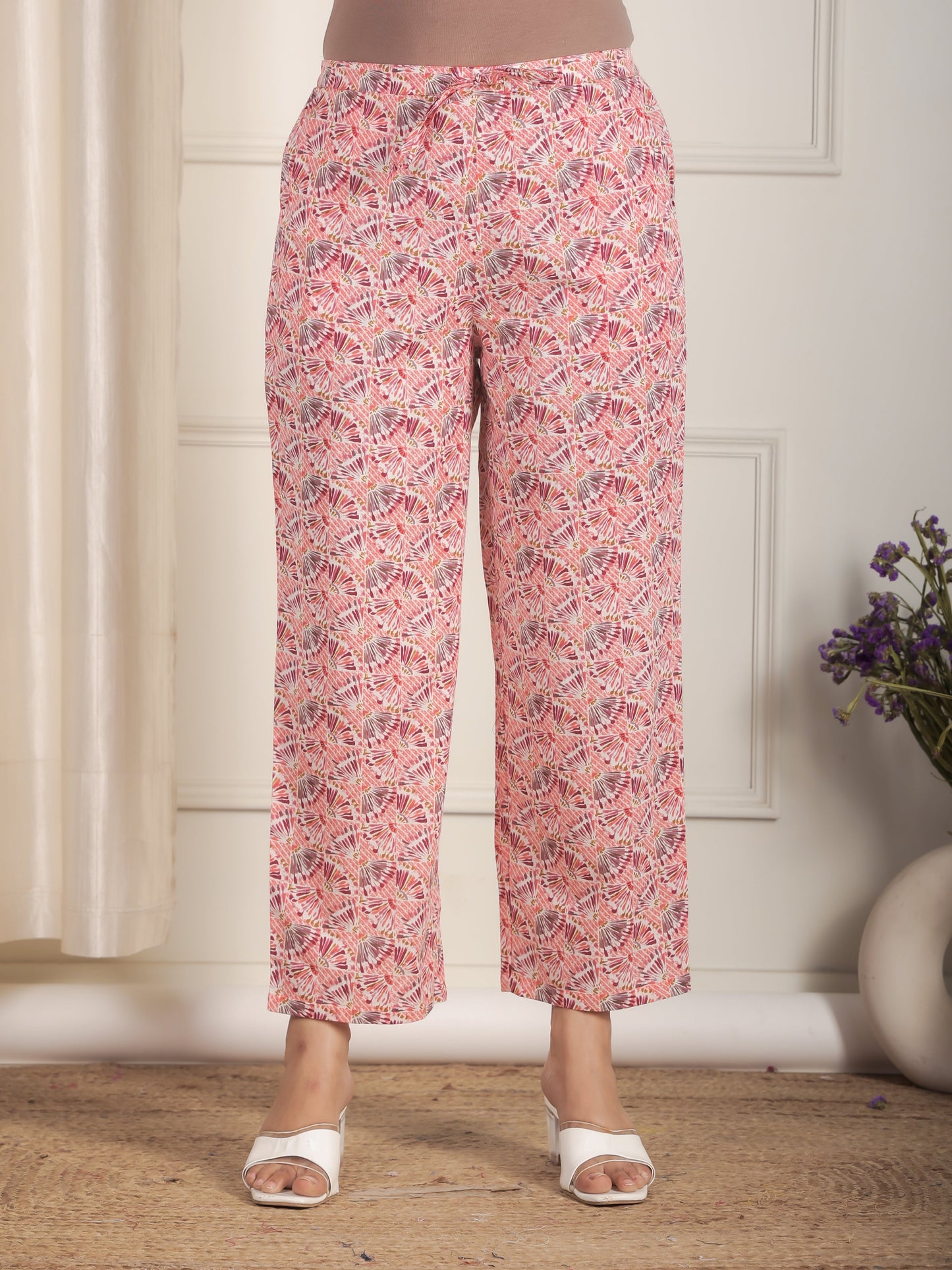 Soft Cotton Geometric Multicolor Straight Trousers