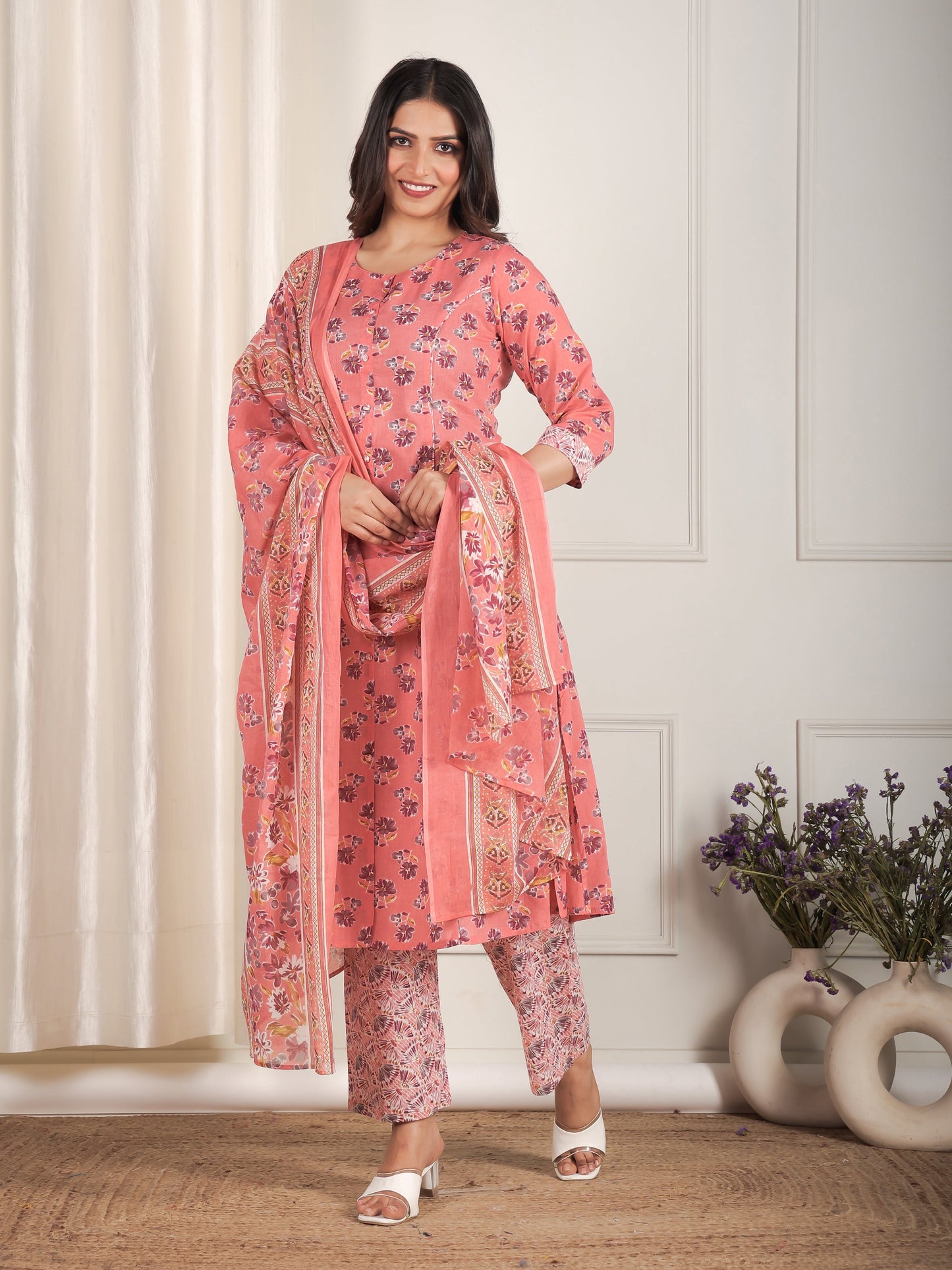 Cotton Voile Geometric Peach Dupatta