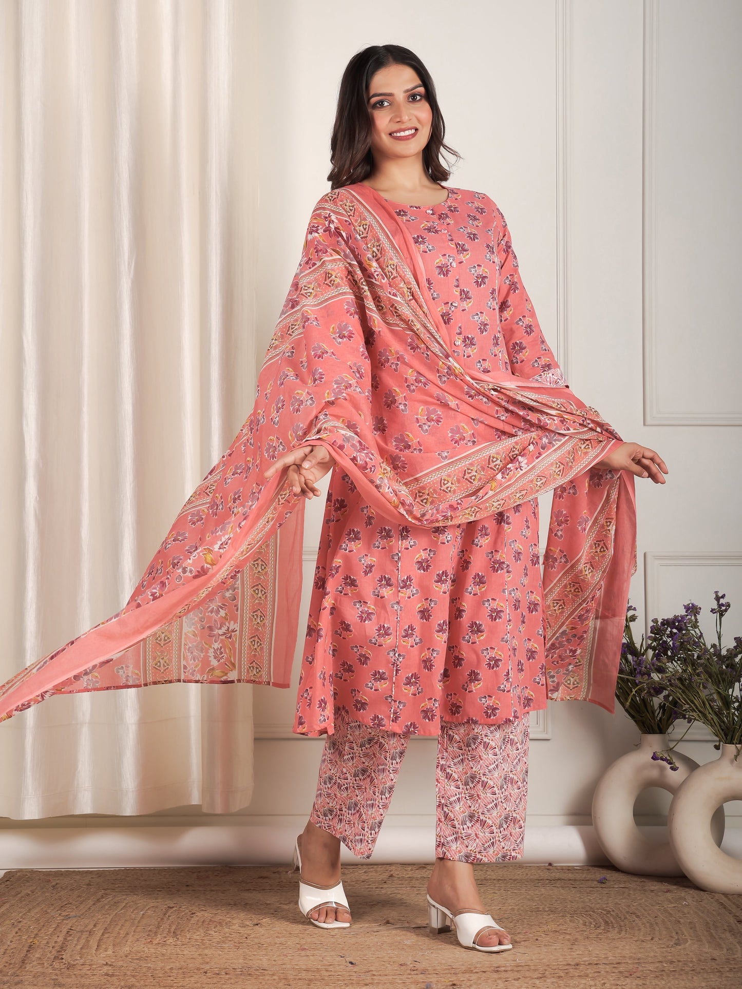 Soft Cotton Floral Flared Peach Kurta
