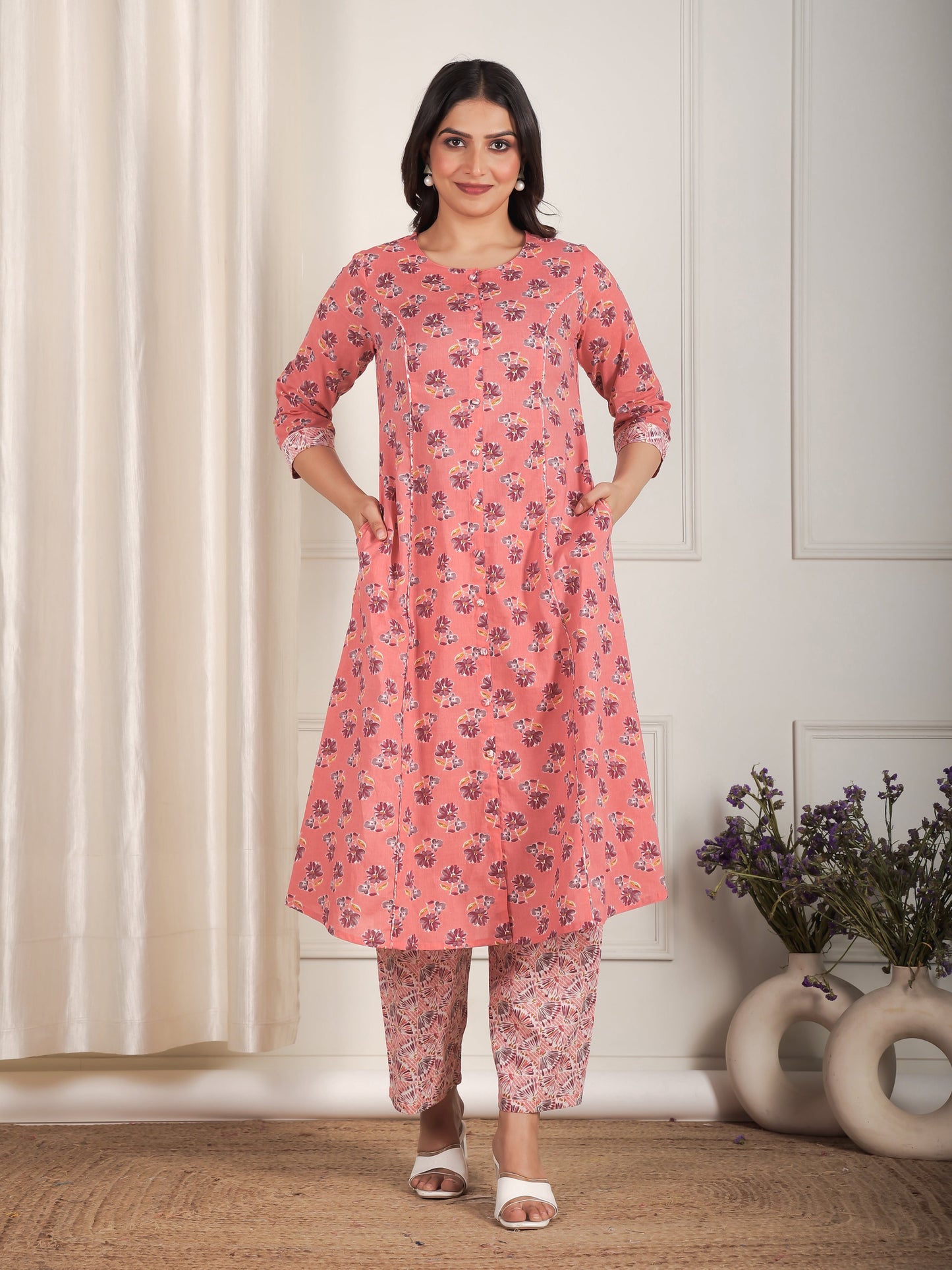 Soft Cotton Floral Flared Peach Kurta