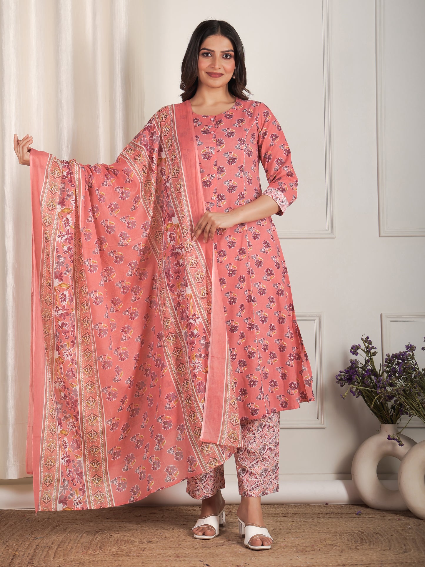 Soft Cotton Floral Flared Peach Kurta