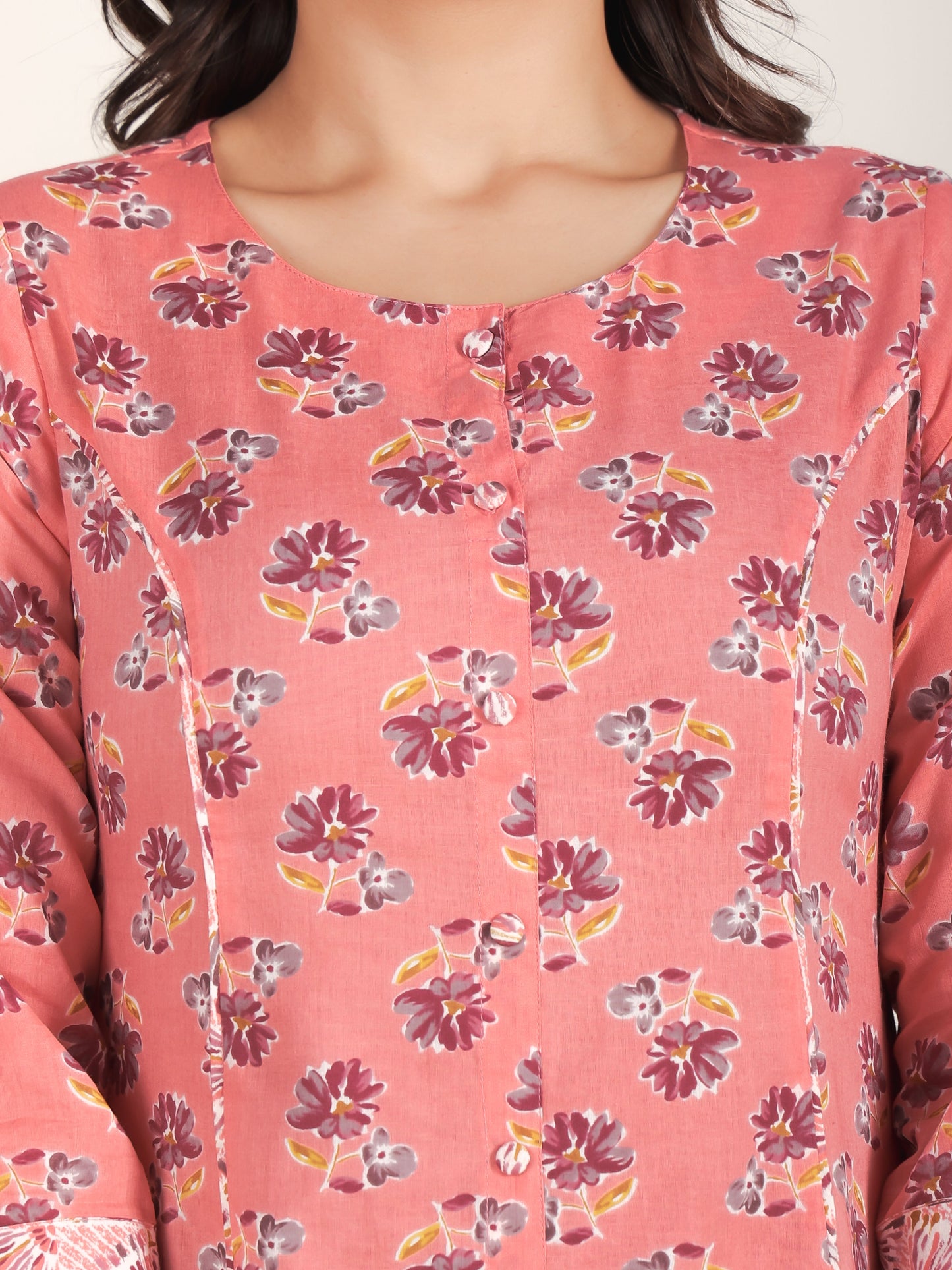 Soft Cotton Floral Flared Peach Kurta