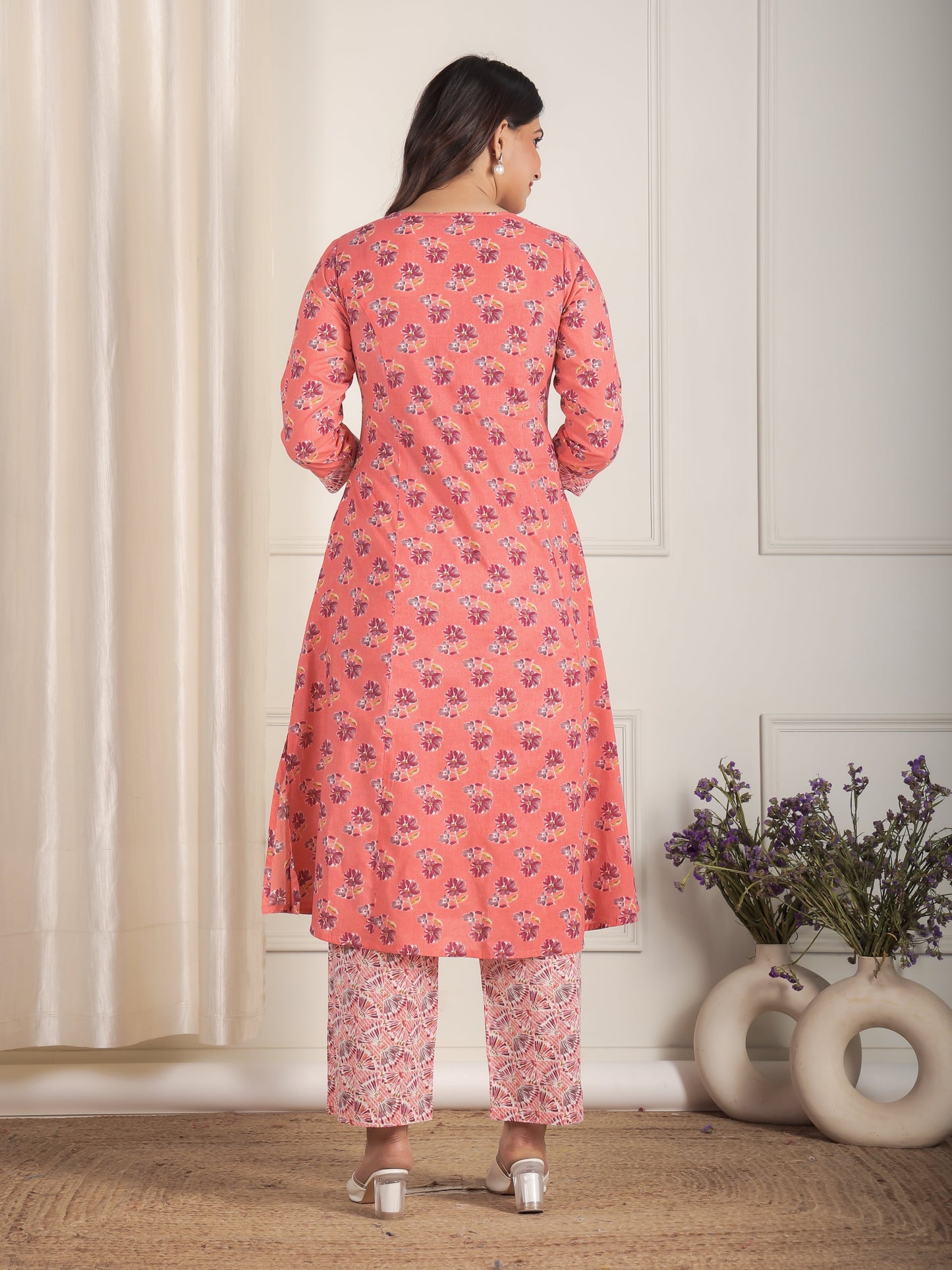 Soft Cotton Floral Flared Peach Kurta