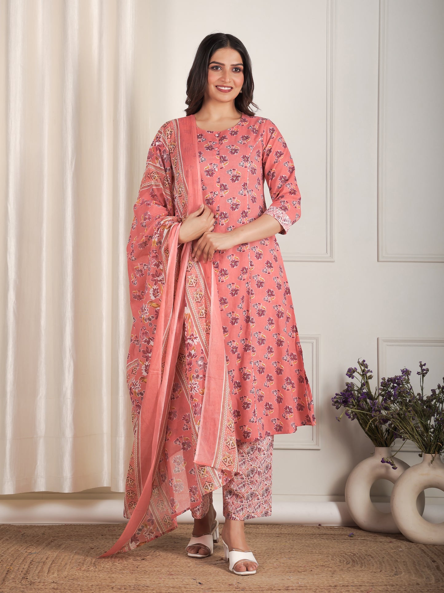 Soft Cotton Floral Flared Peach Kurta