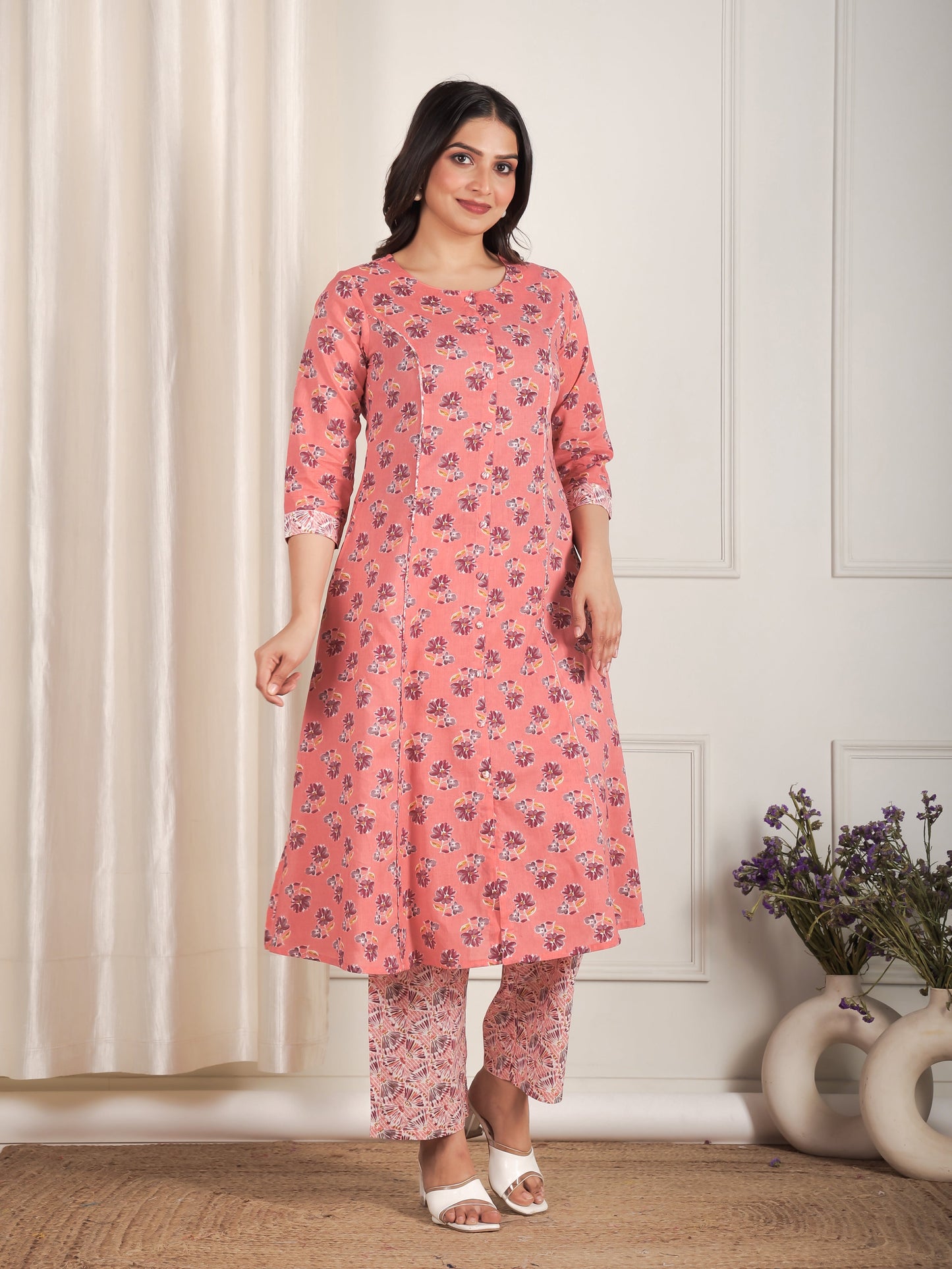 Soft Cotton Floral Flared Peach Kurta