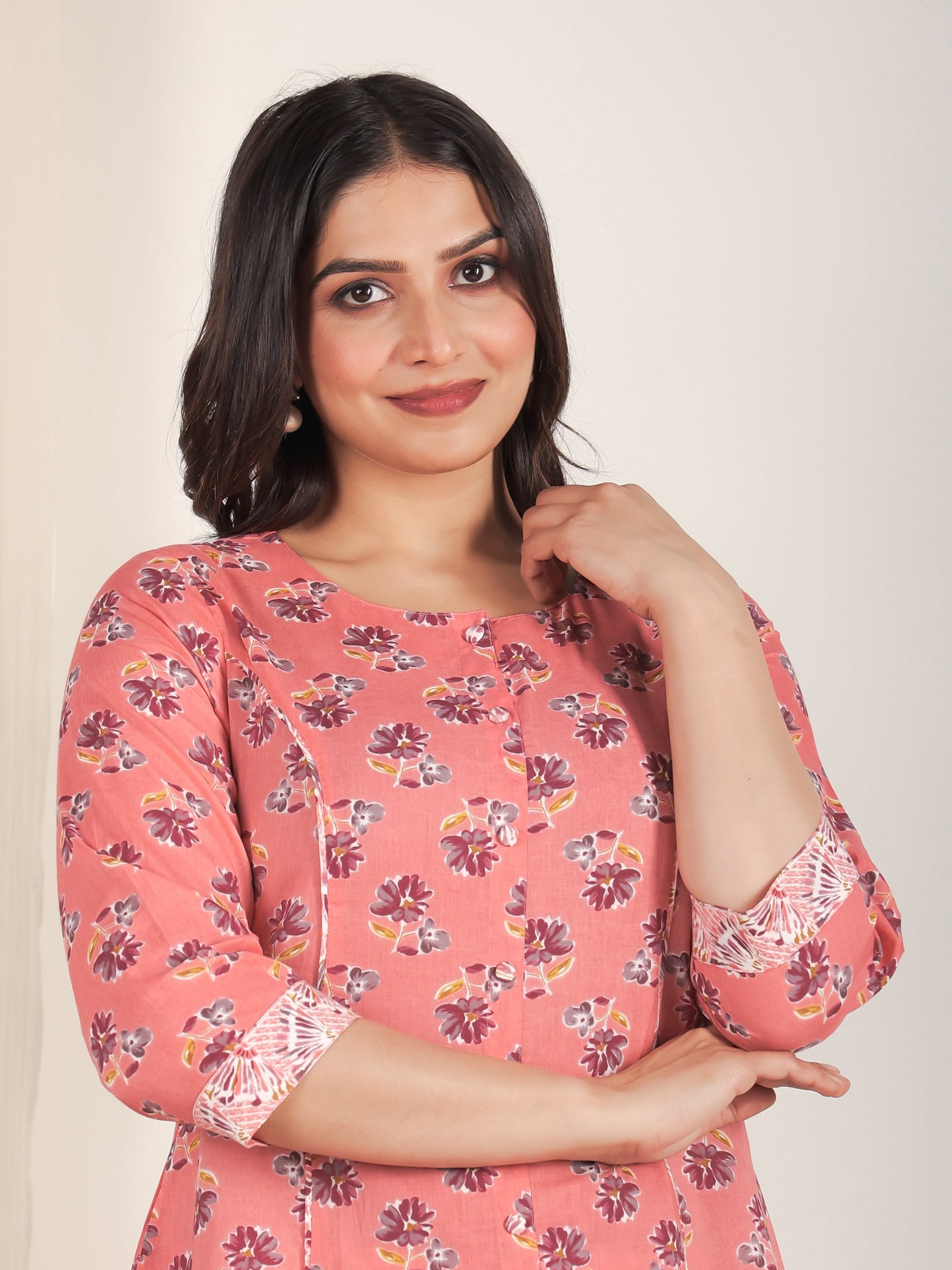 Soft Cotton Floral Flared Peach Kurta