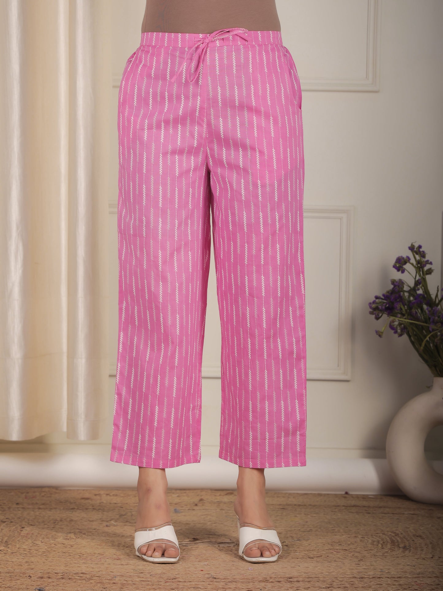 Soft Cotton Striped Pink Straight Trousers
