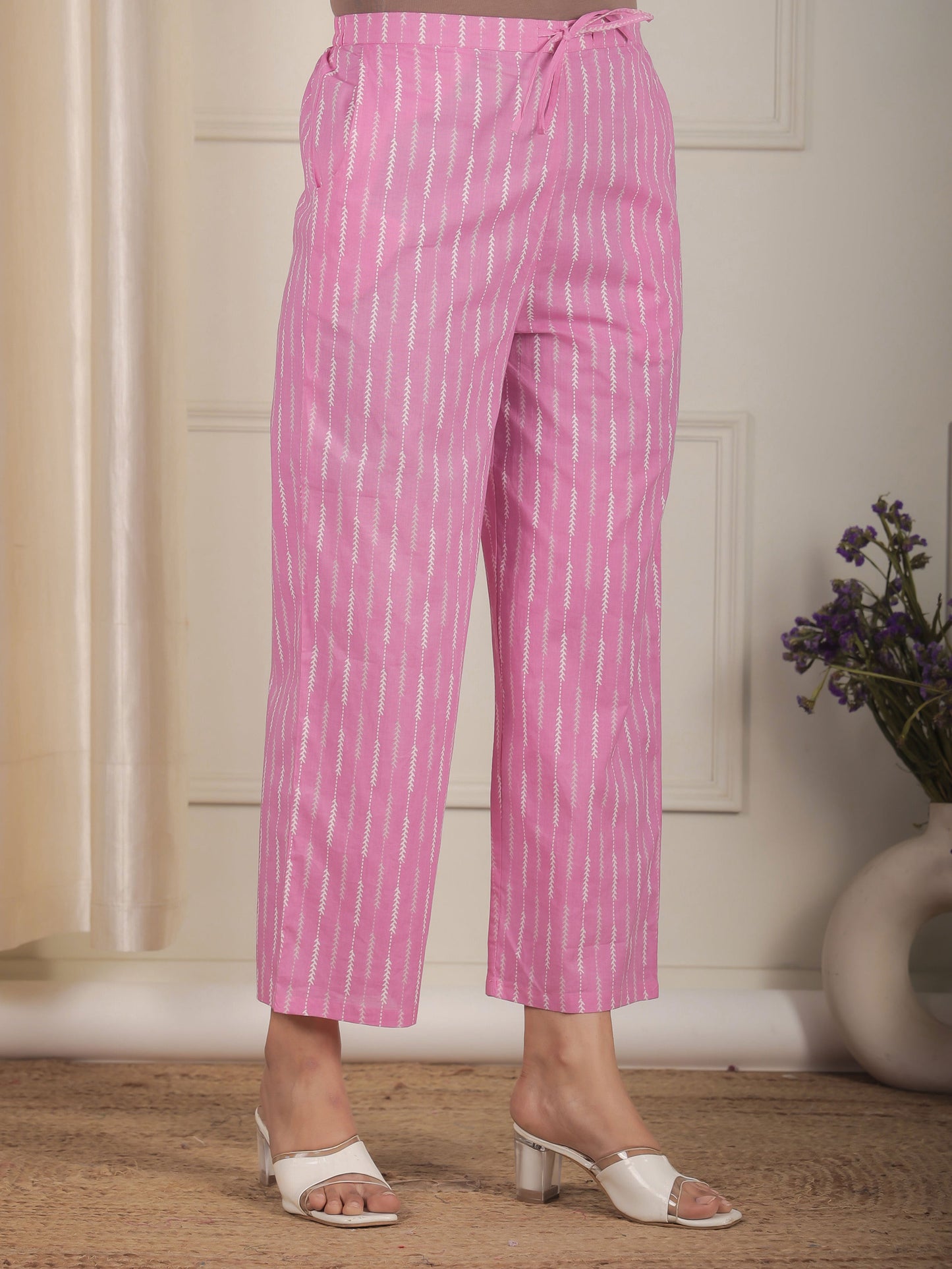 Soft Cotton Striped Pink Straight Trousers