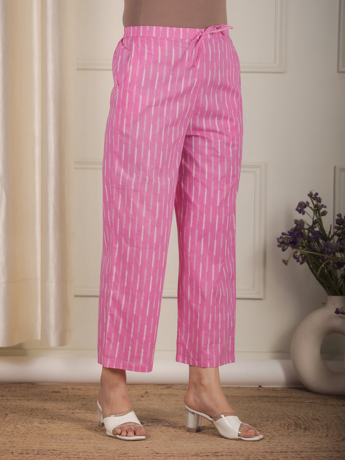 Soft Cotton Striped Pink Straight Trousers