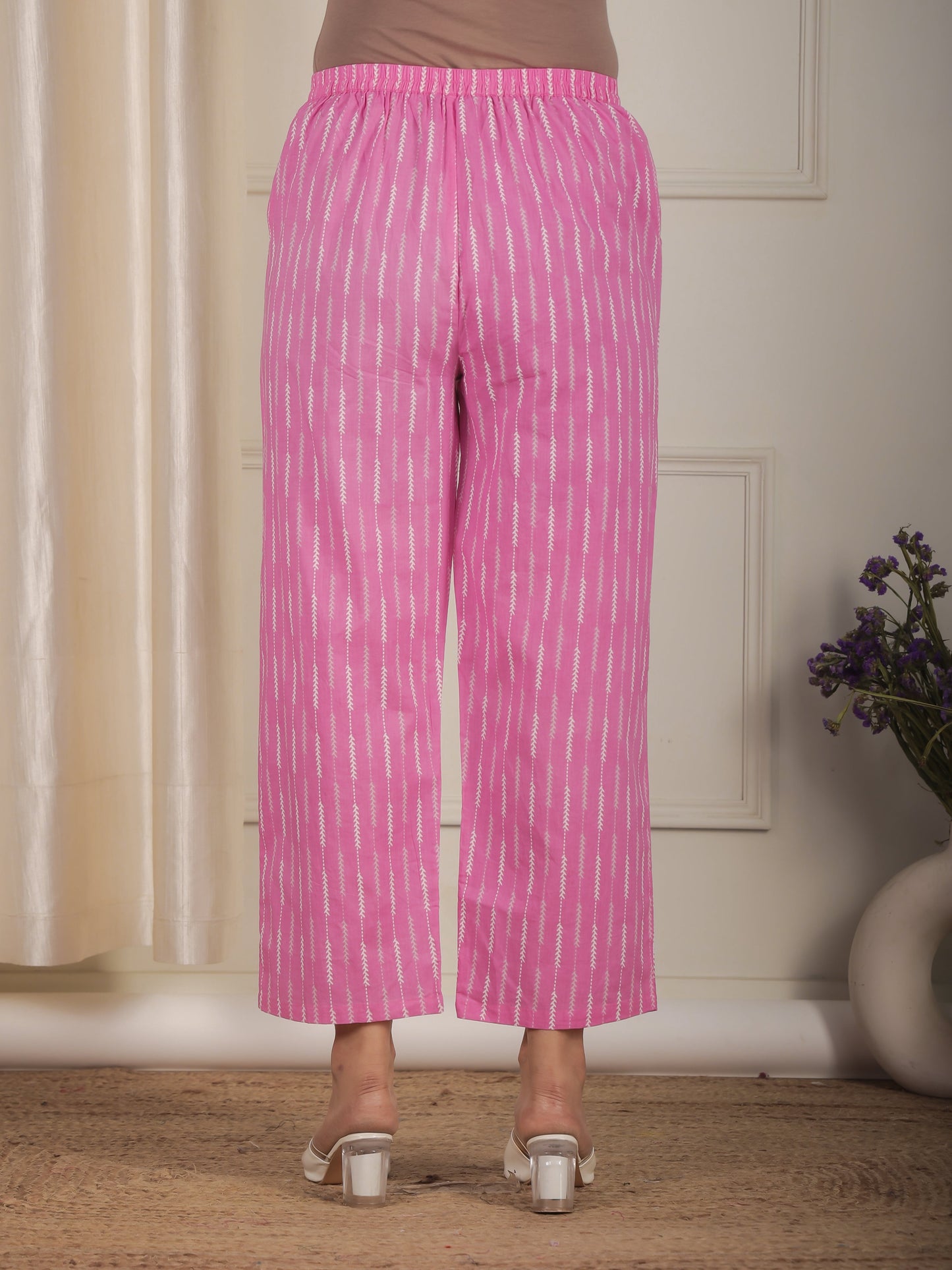 Soft Cotton Striped Pink Straight Trousers