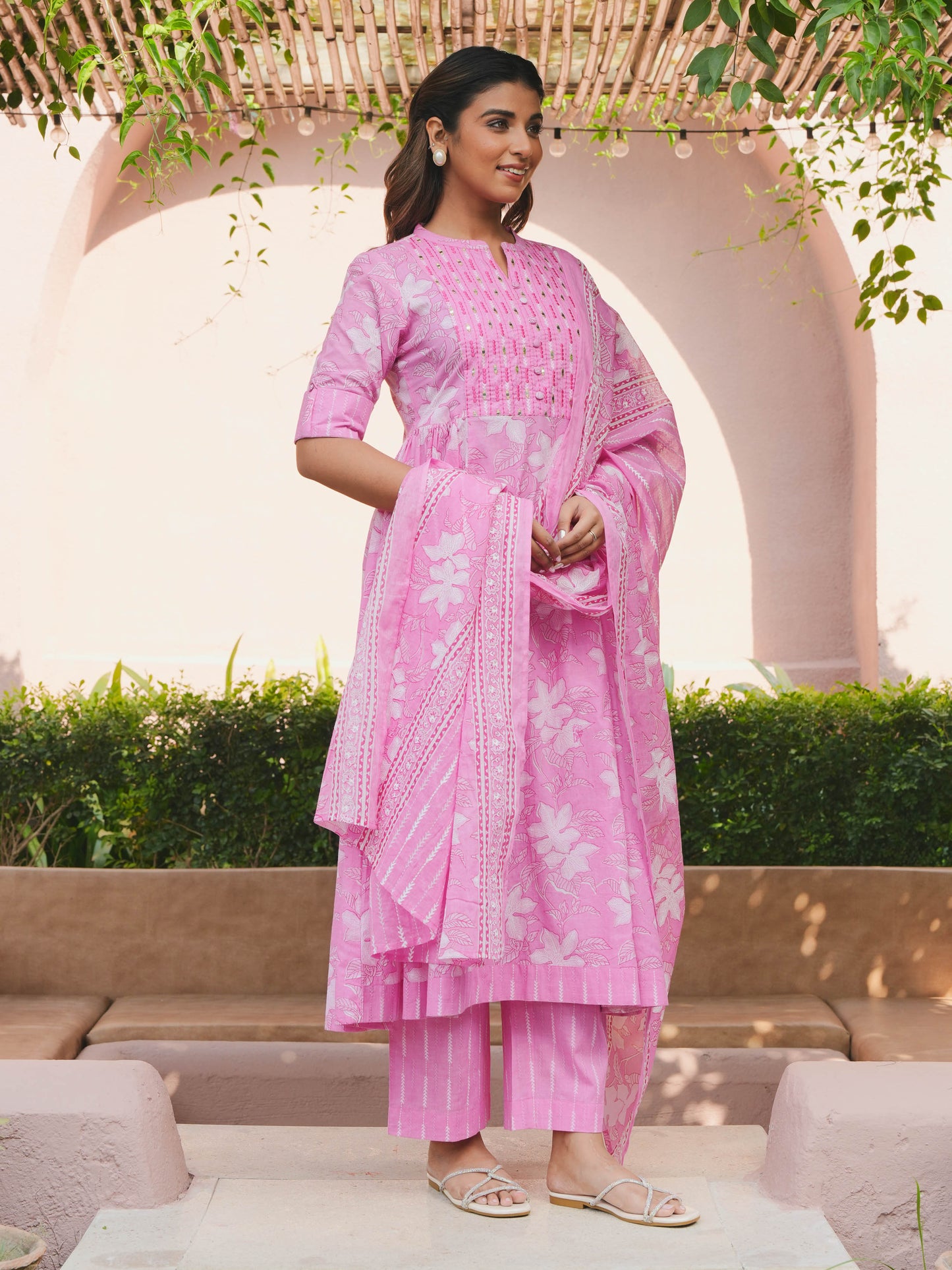 Cotton Voile Floral Pink Dupatta