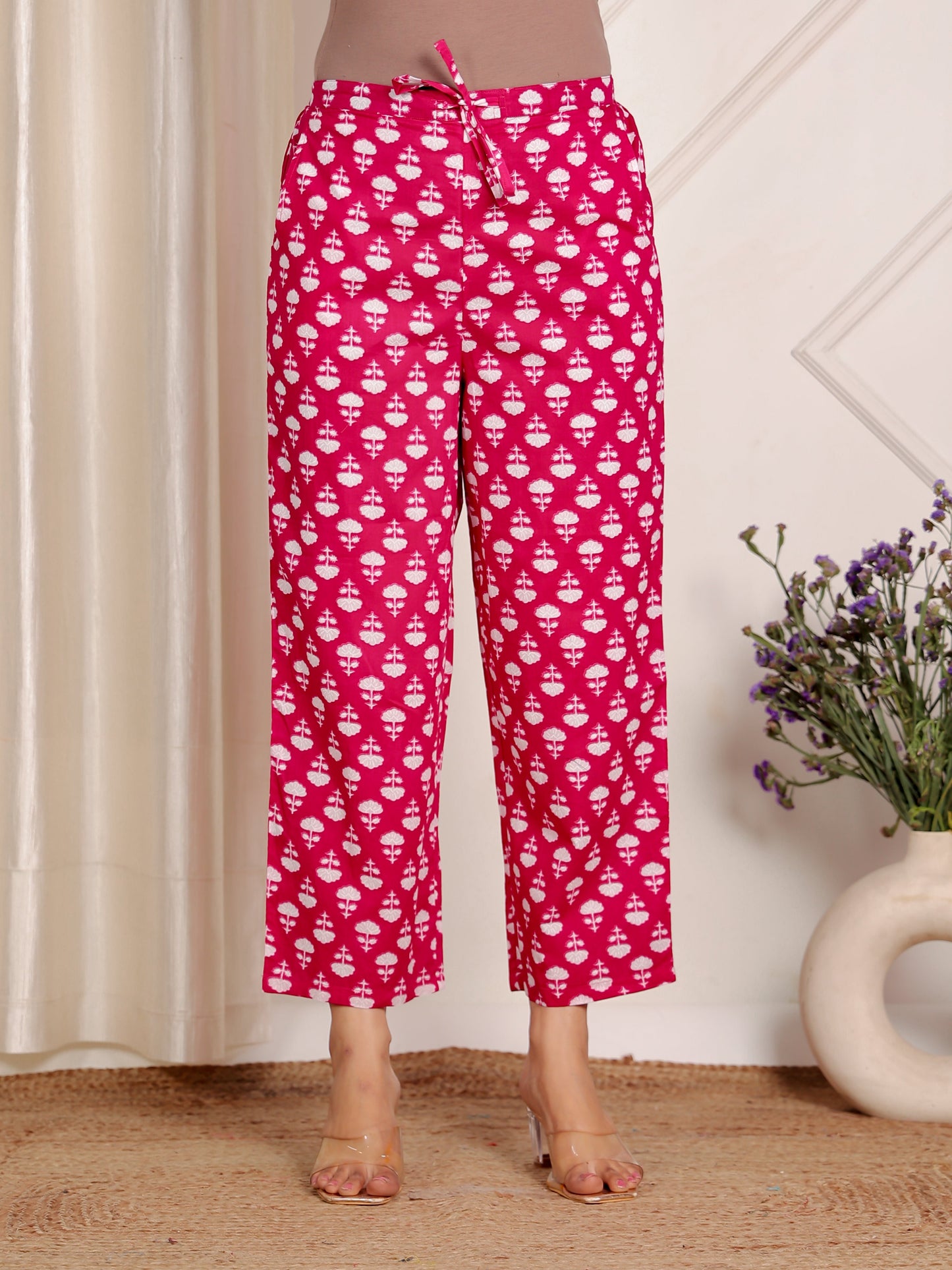 Soft Cotton Floral Pink Straight Trousers
