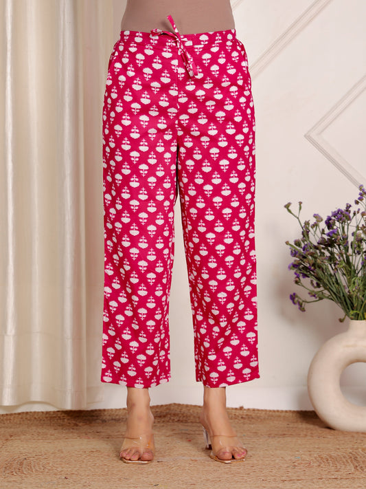 Soft Cotton Floral Pink Straight Trousers