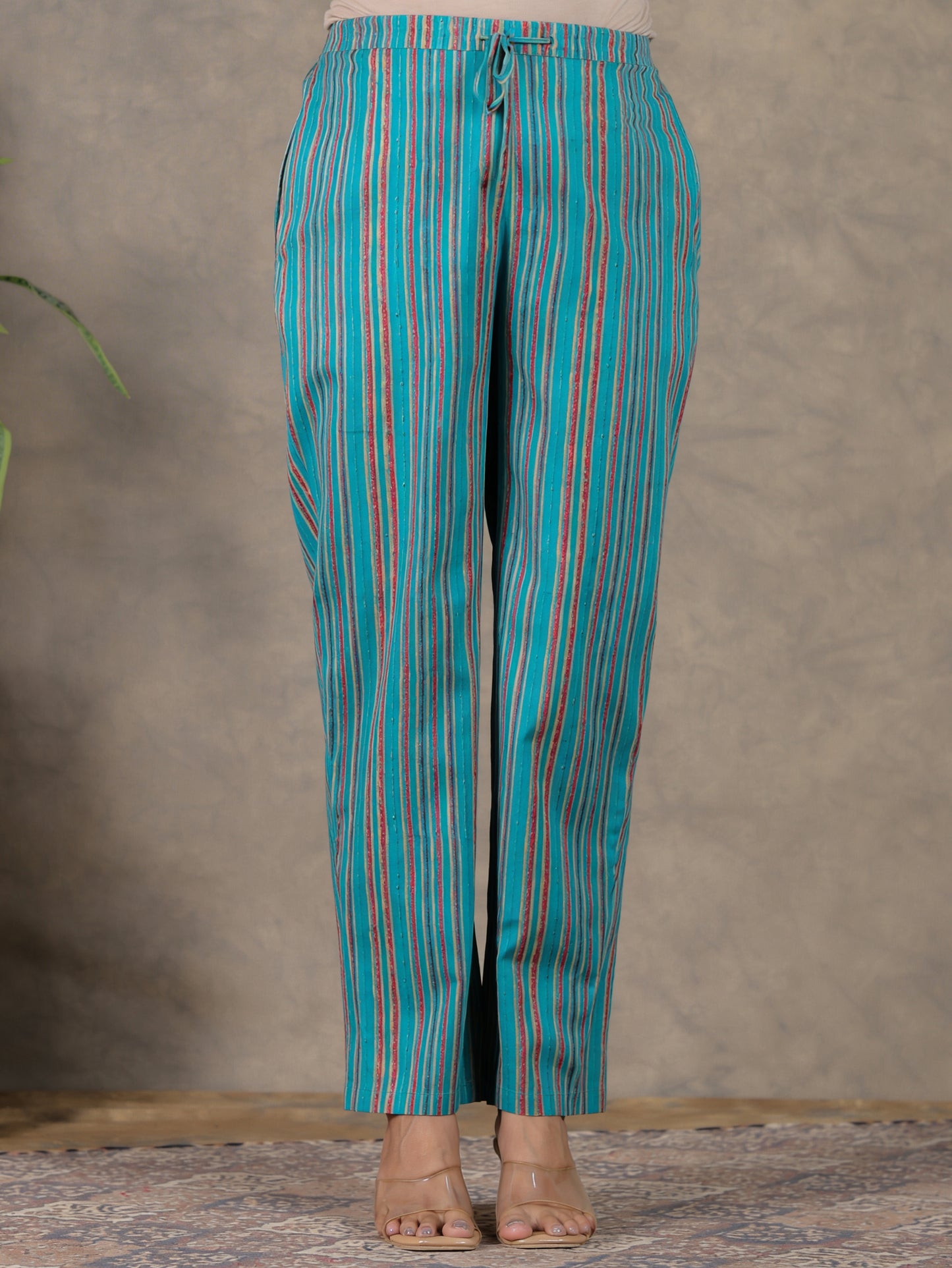 Soft Cotton Striped Green Tapered Trousers