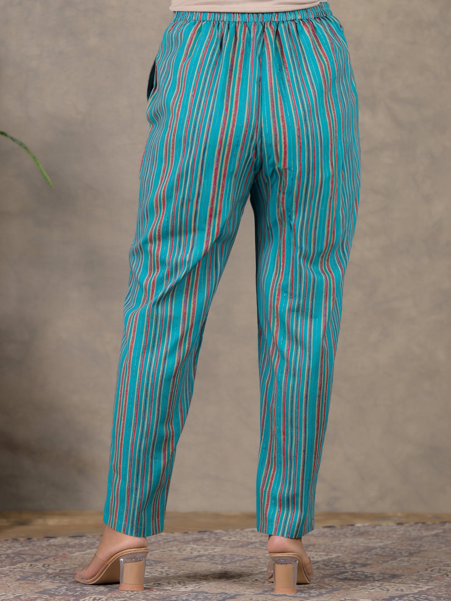 Soft Cotton Striped Green Tapered Trousers
