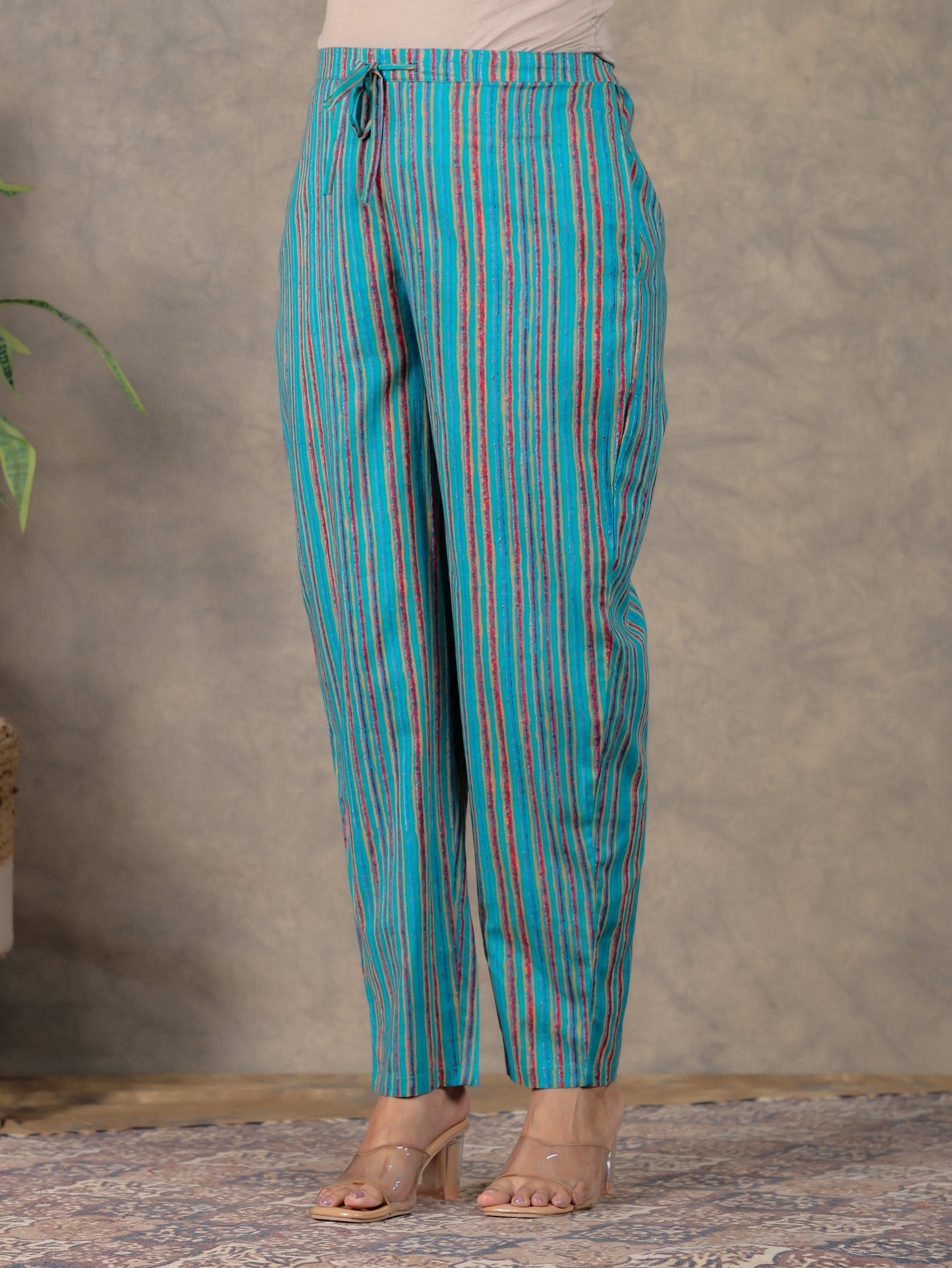 Soft Cotton Striped Green Tapered Trousers