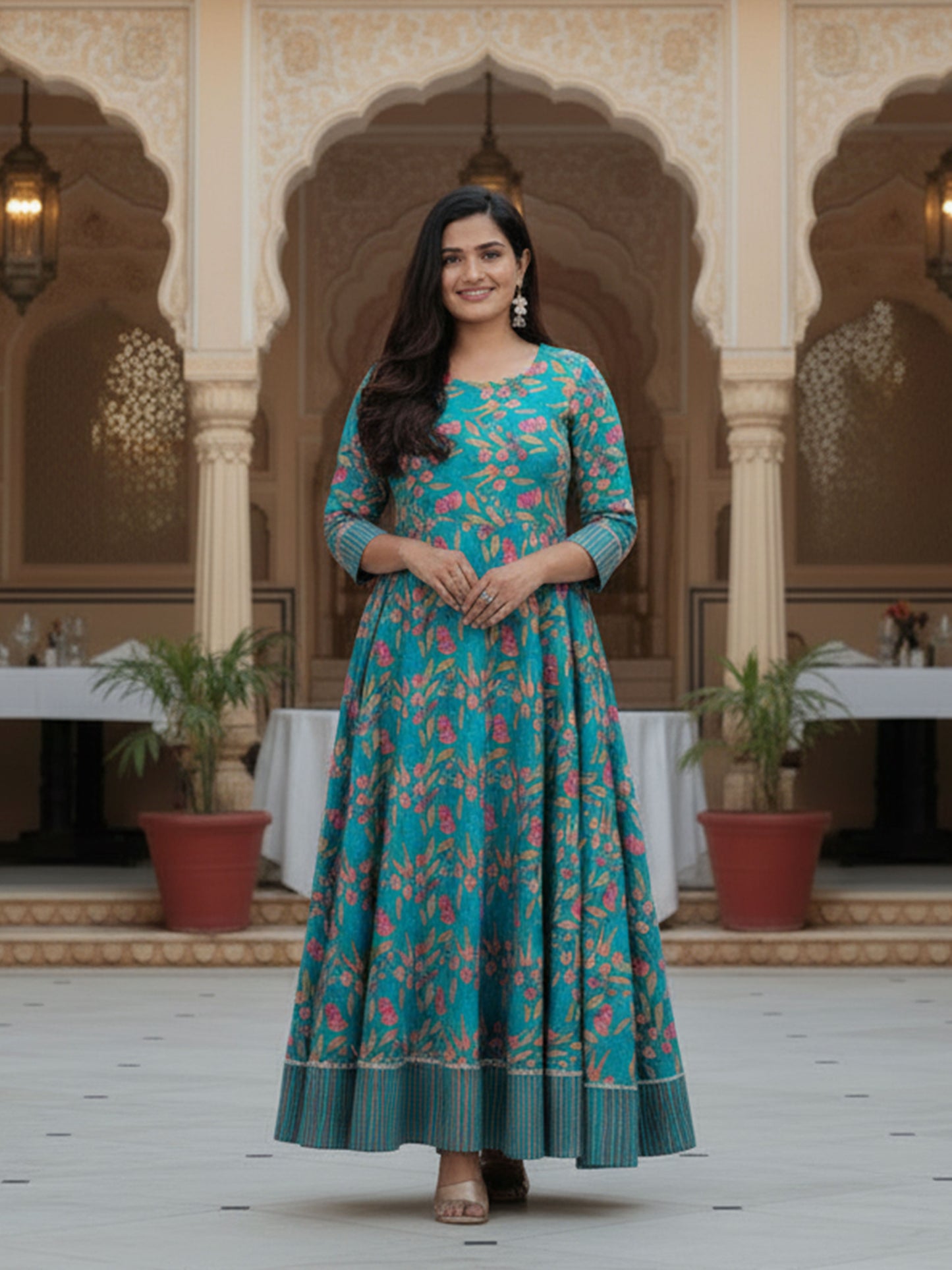 Soft Cotton Floral Anarkali Green Kurta