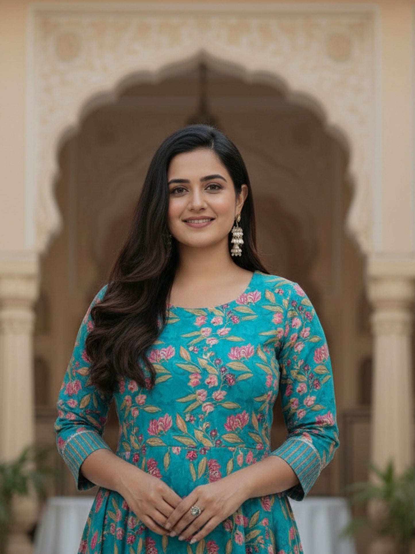 Soft Cotton Floral Anarkali Green Kurta