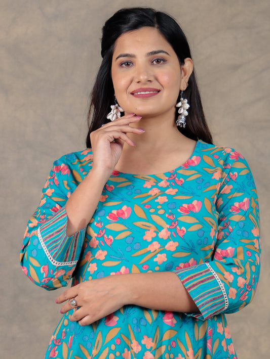 Soft Cotton Floral Anarkali Green Kurta