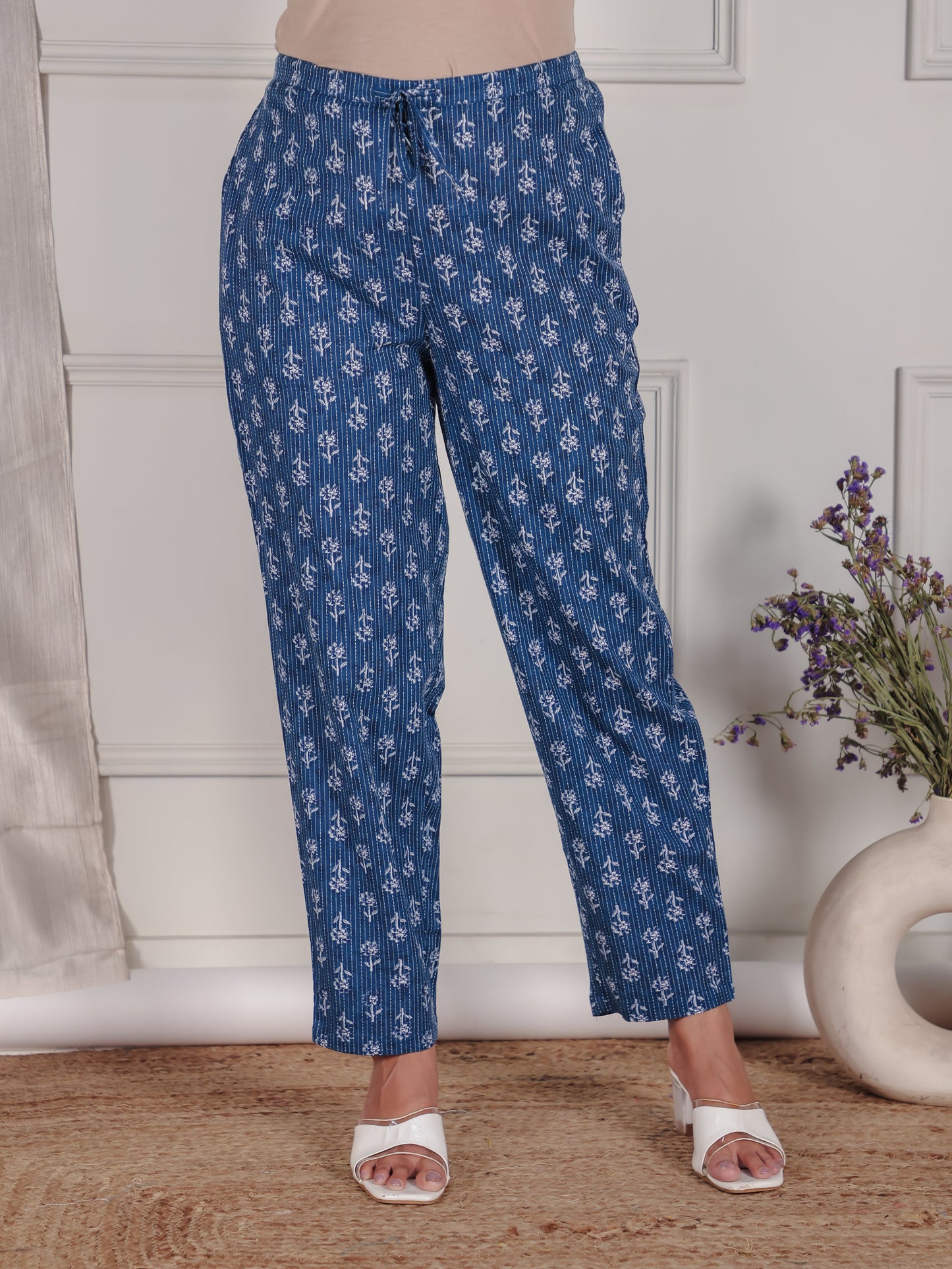 Kantha Cotton Floral Blue Tapered Trousers