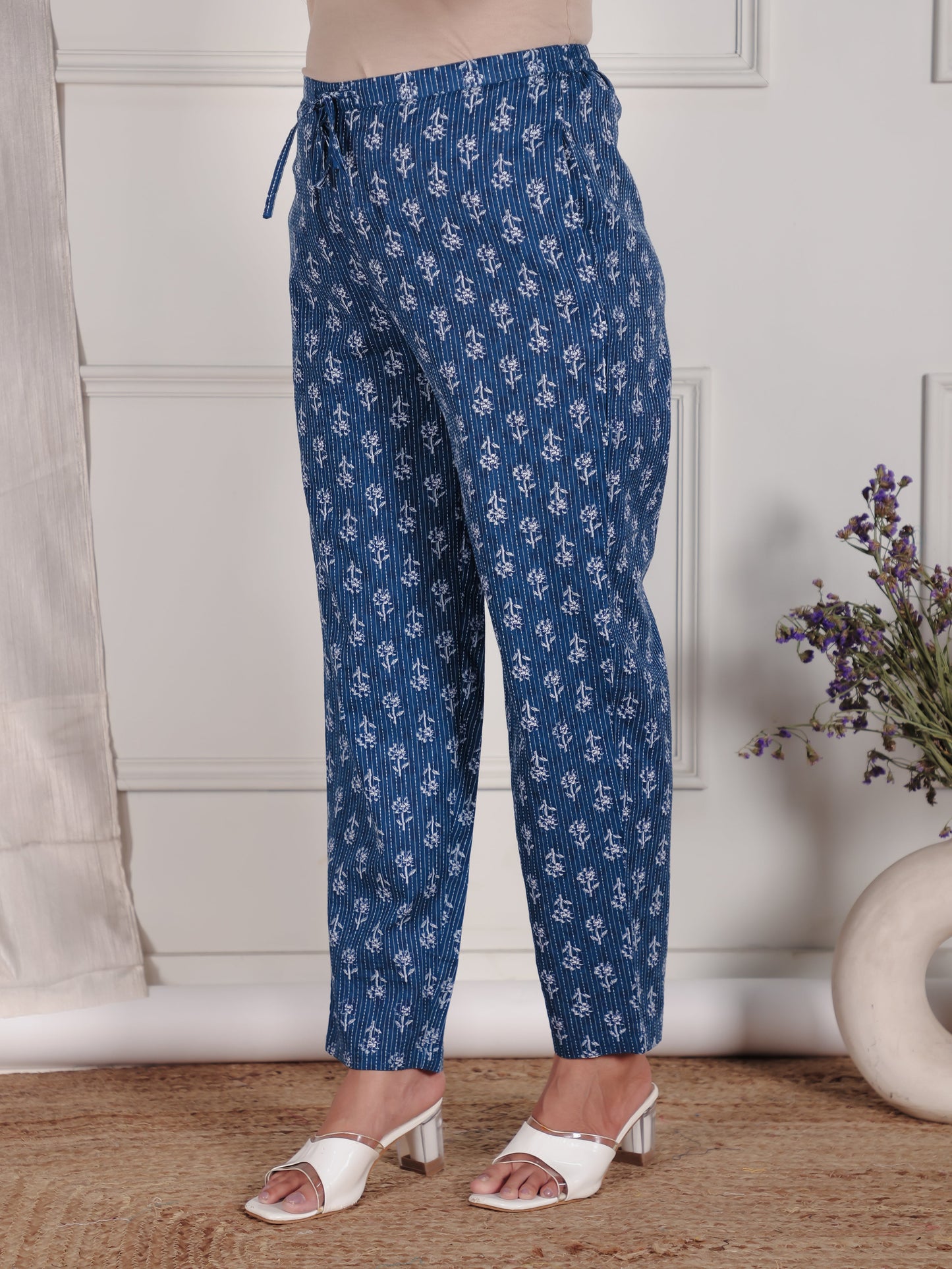 Kantha Cotton Floral Blue Tapered Trousers