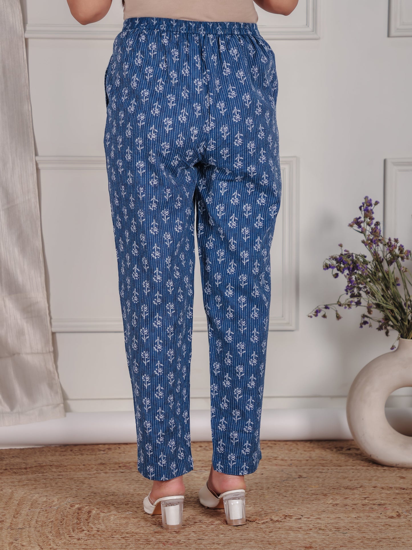 Kantha Cotton Floral Blue Tapered Trousers