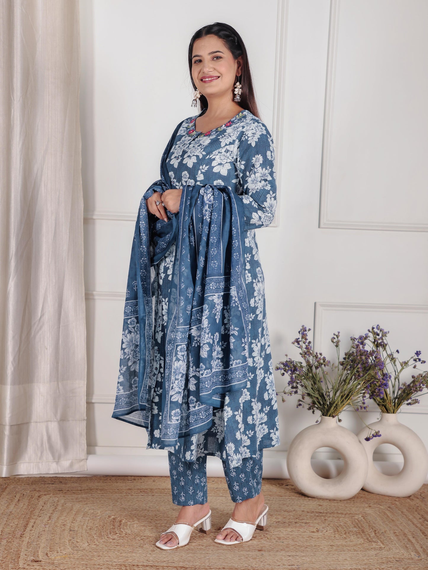 Cotton Voile Floral Blue Dupatta