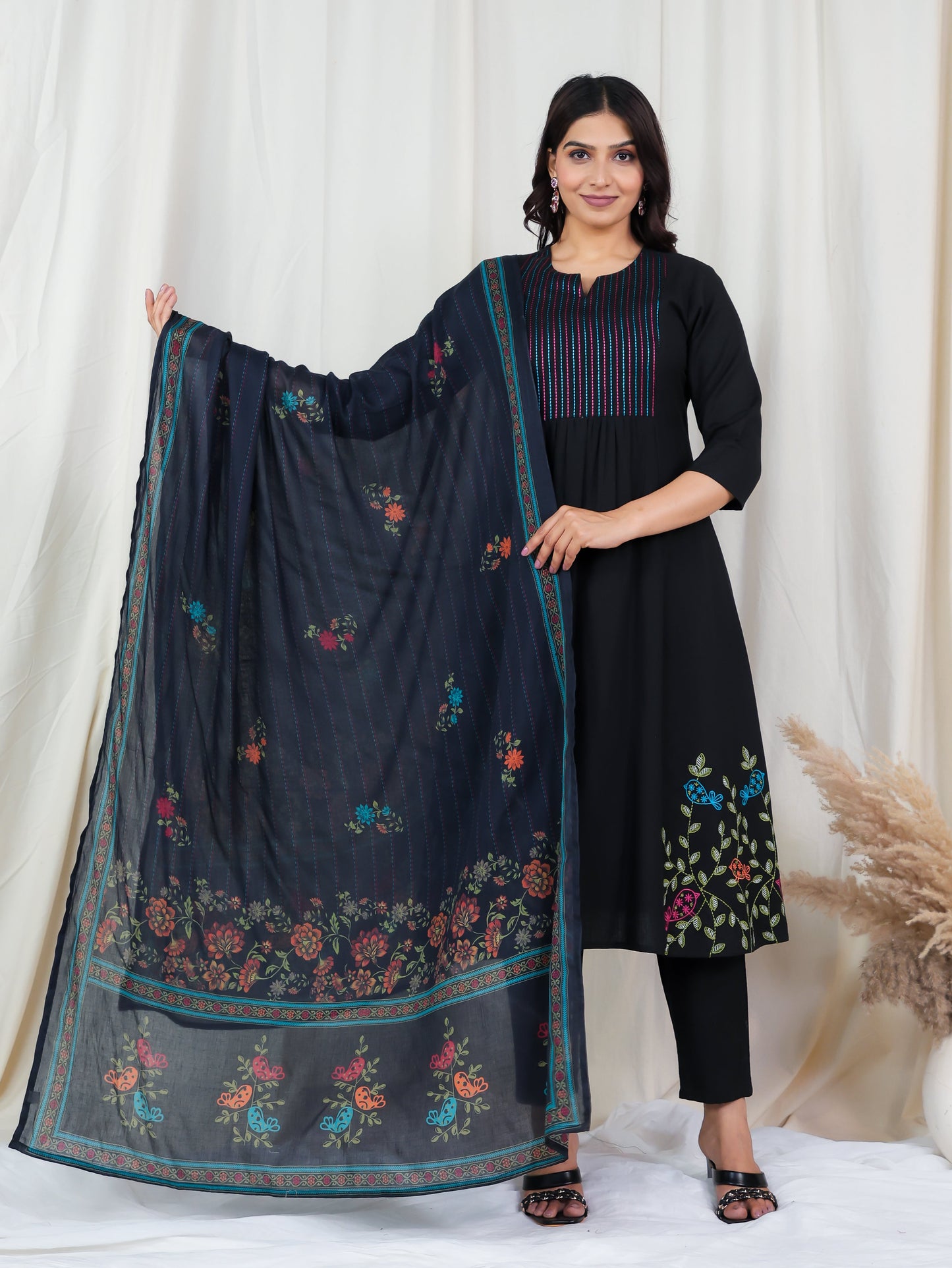 Cotton Voile Floral Black Dupatta