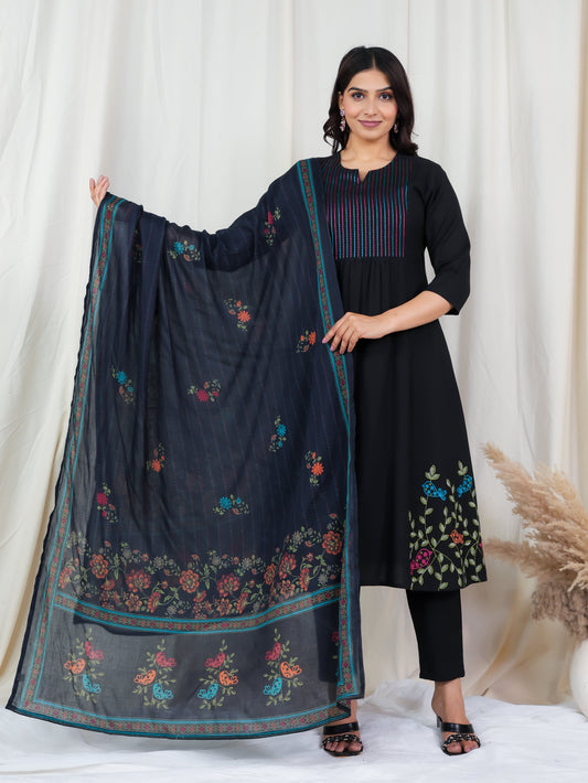 Cotton Voile Floral Black Dupatta