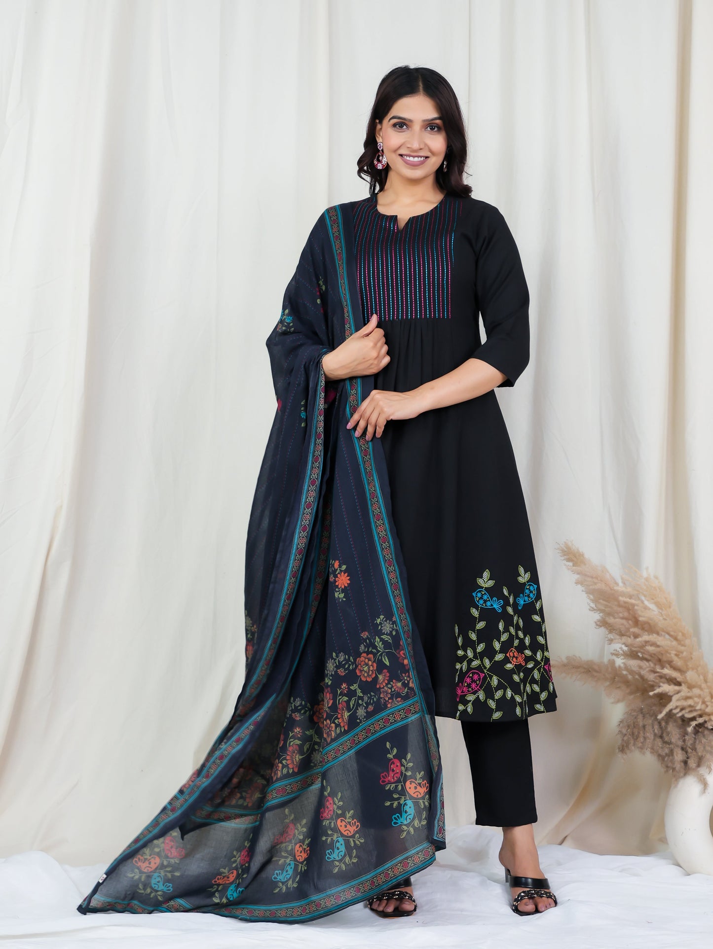 Cotton Voile Floral Black Dupatta