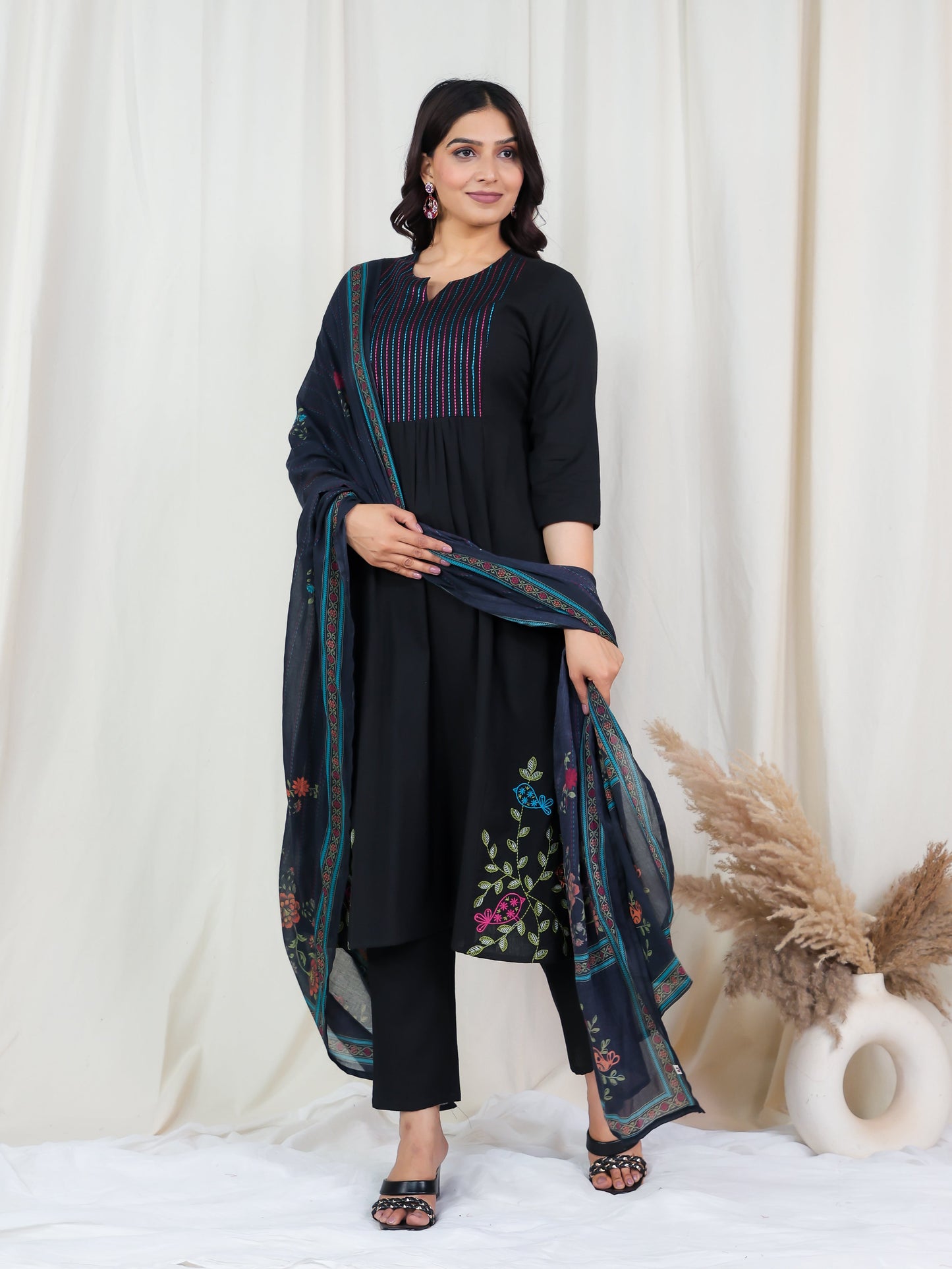 Cotton Voile Floral Black Dupatta
