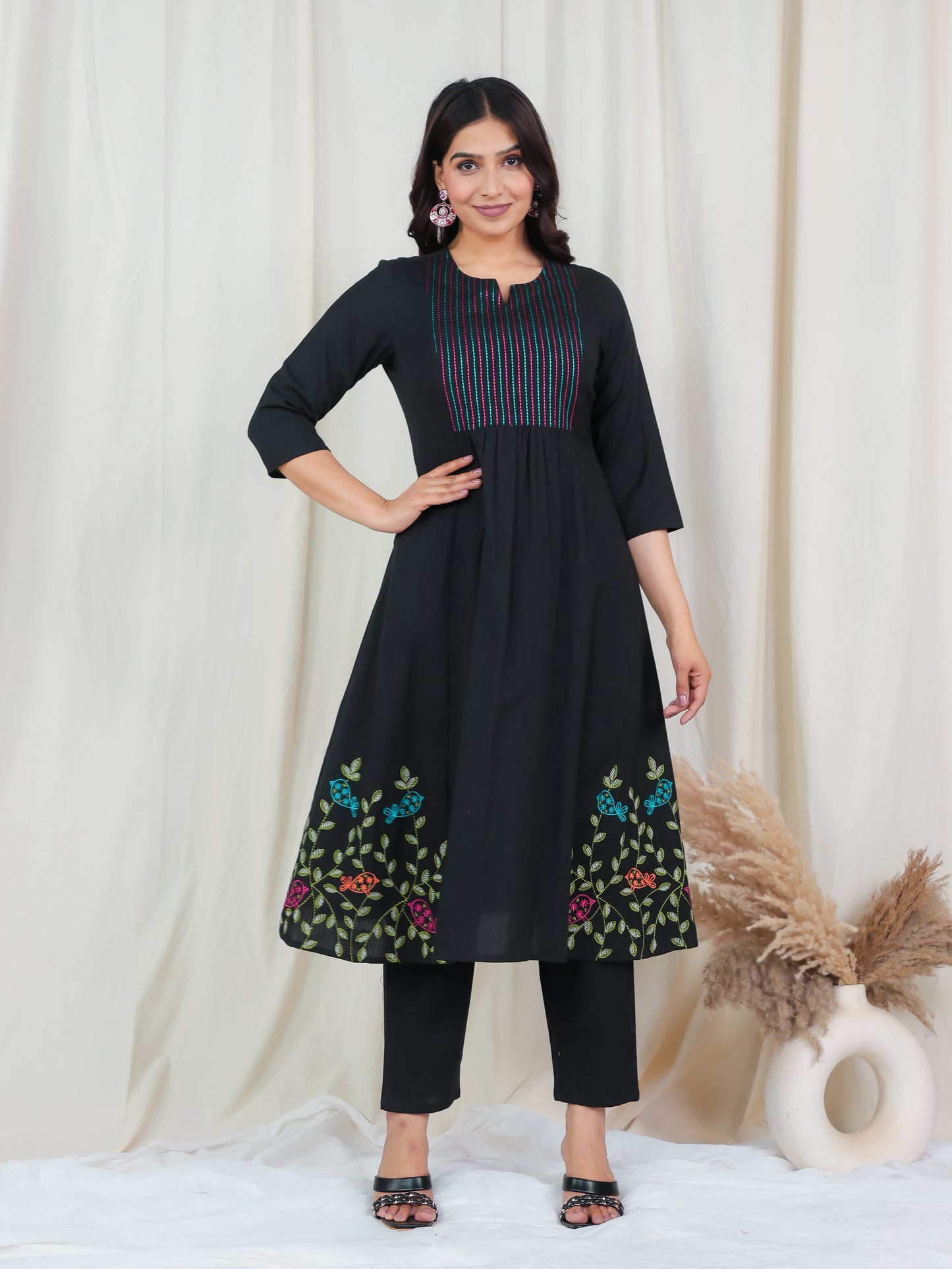 Embroidered Linen Cotton Solid Flared Black Kurta