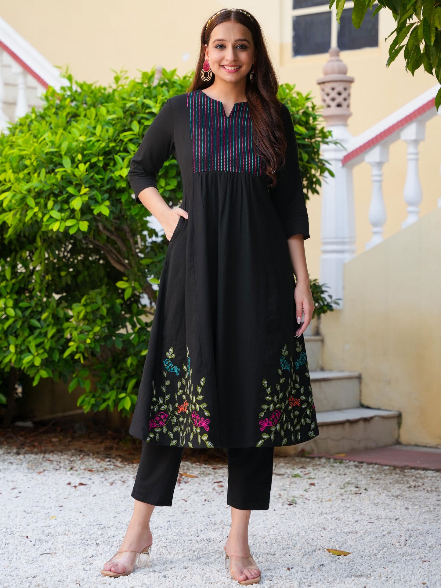 Embroidered Linen Cotton Solid Flared Black Kurta