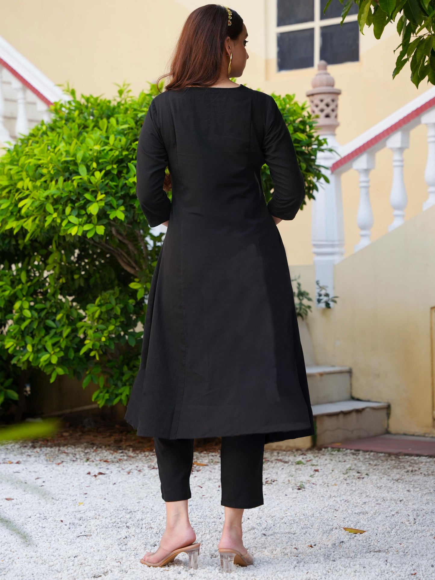 Embroidered Linen Cotton Solid Flared Black Kurta
