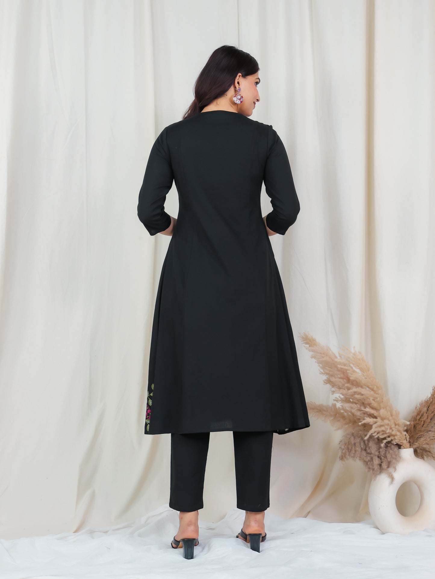 Embroidered Linen Cotton Solid Flared Black Kurta