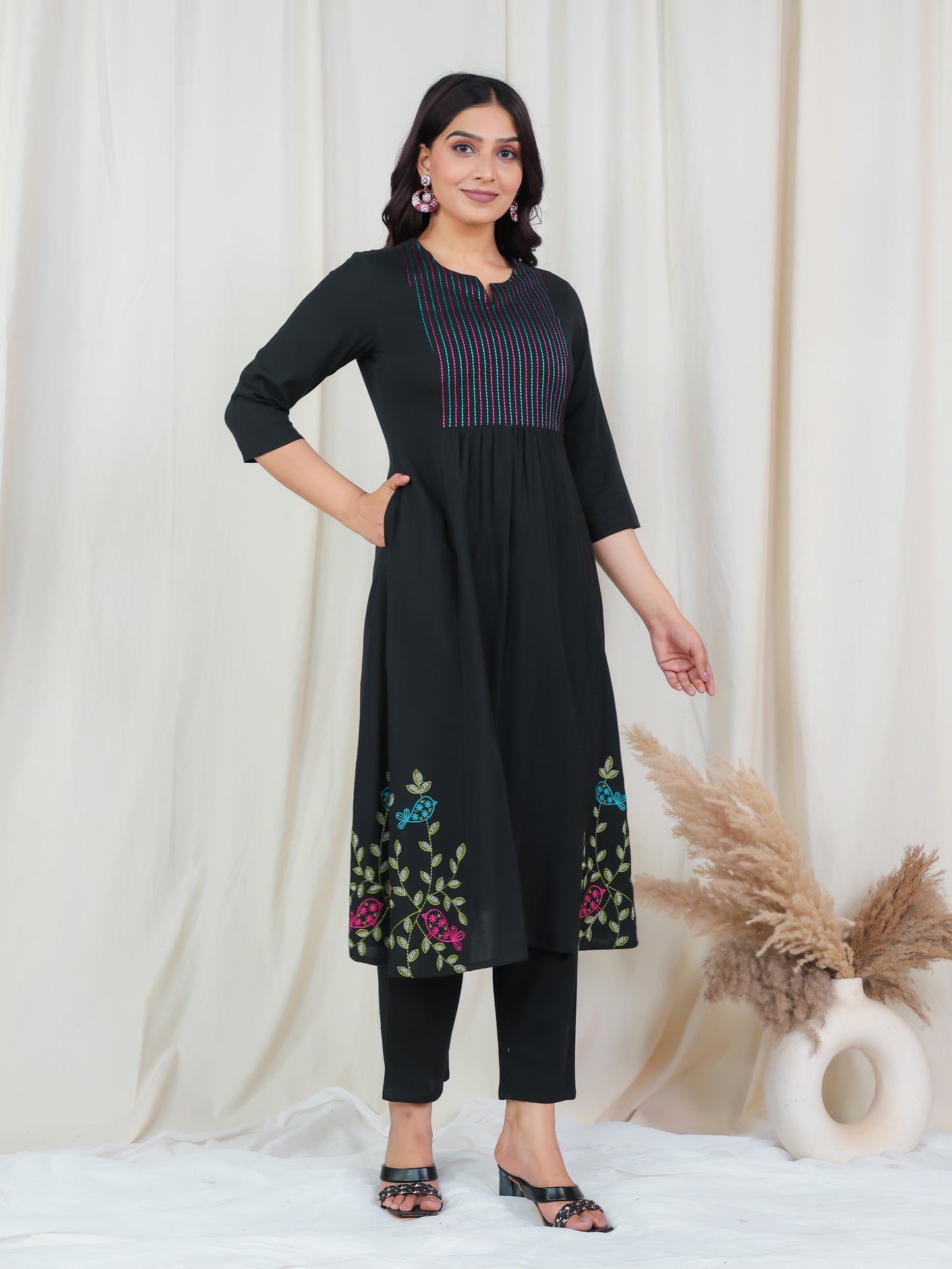 Embroidered Linen Cotton Solid Flared Black Kurta