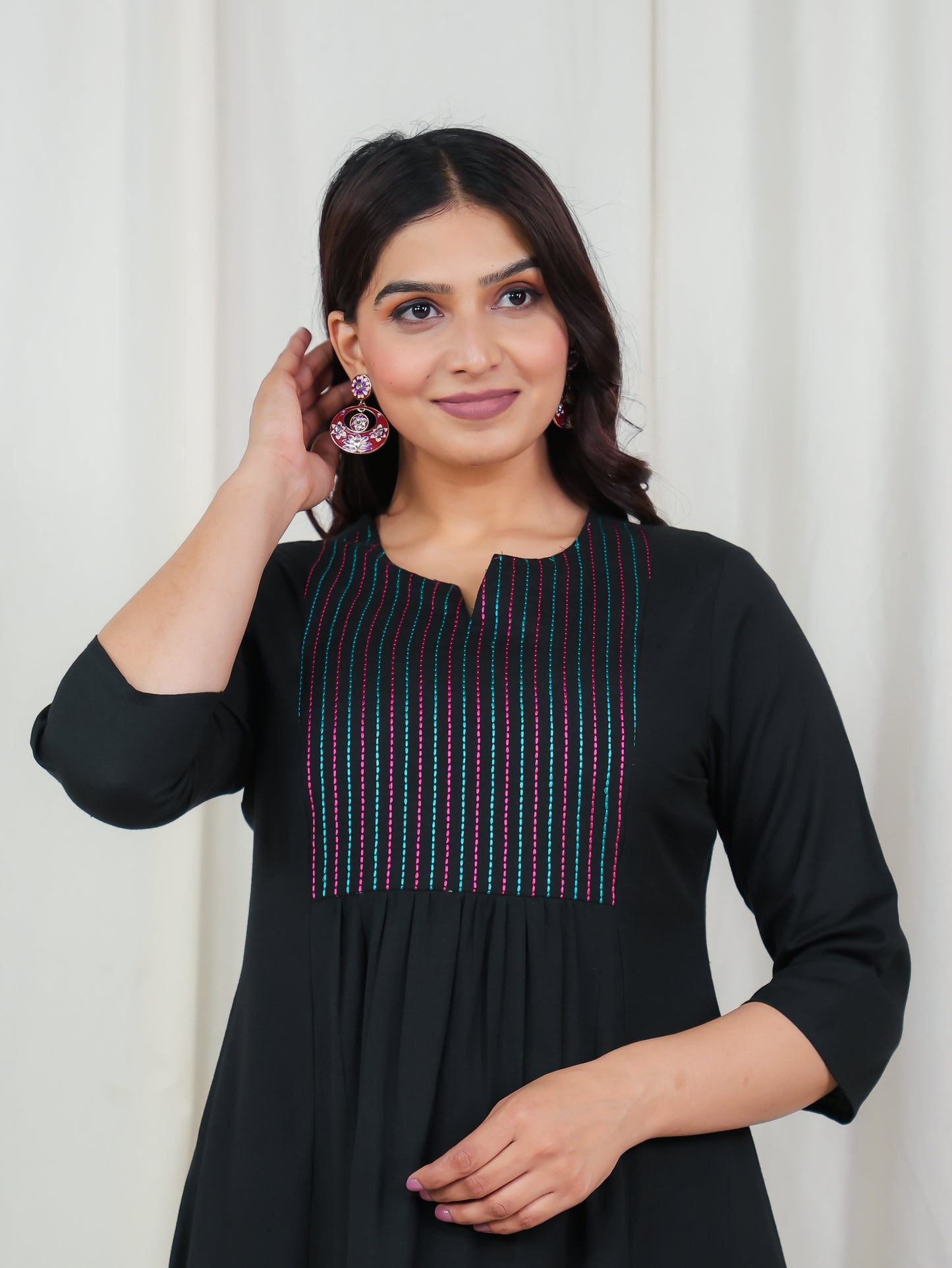 Embroidered Linen Cotton Solid Flared Black Kurta