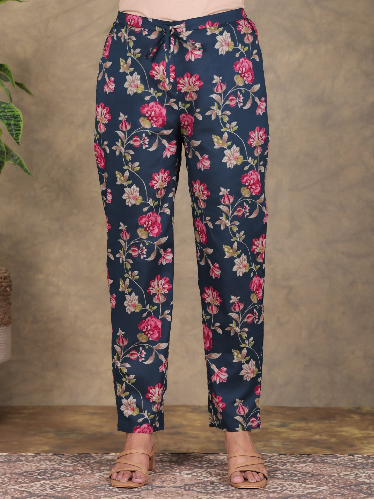 Soft Cotton Floral Blue Tapered Trousers