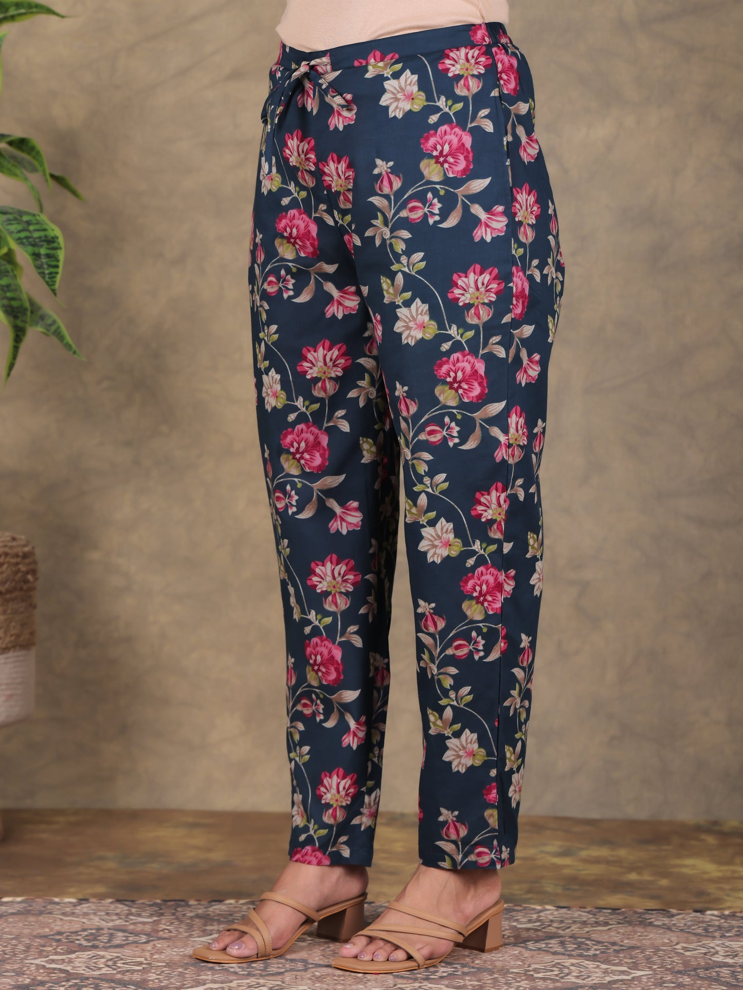 Soft Cotton Floral Blue Tapered Trousers