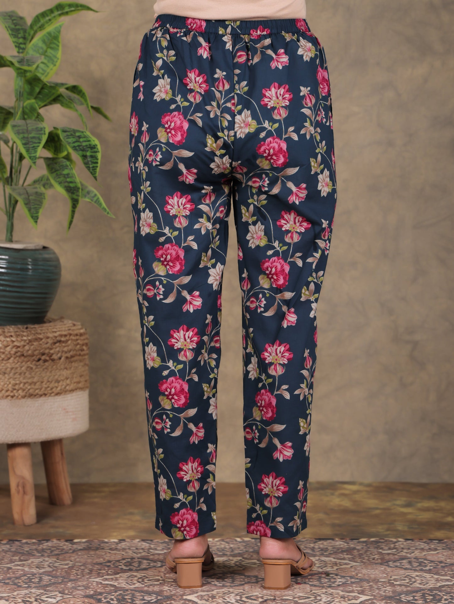 Soft Cotton Floral Blue Tapered Trousers