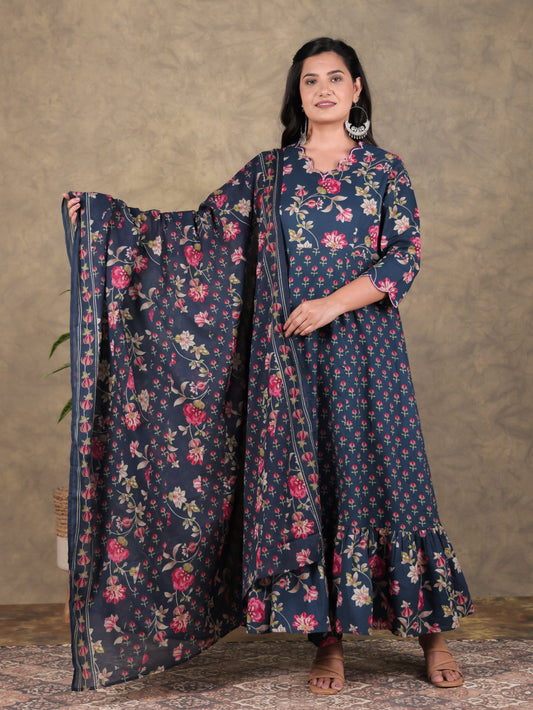 Cotton Voile Floral Blue Dupatta