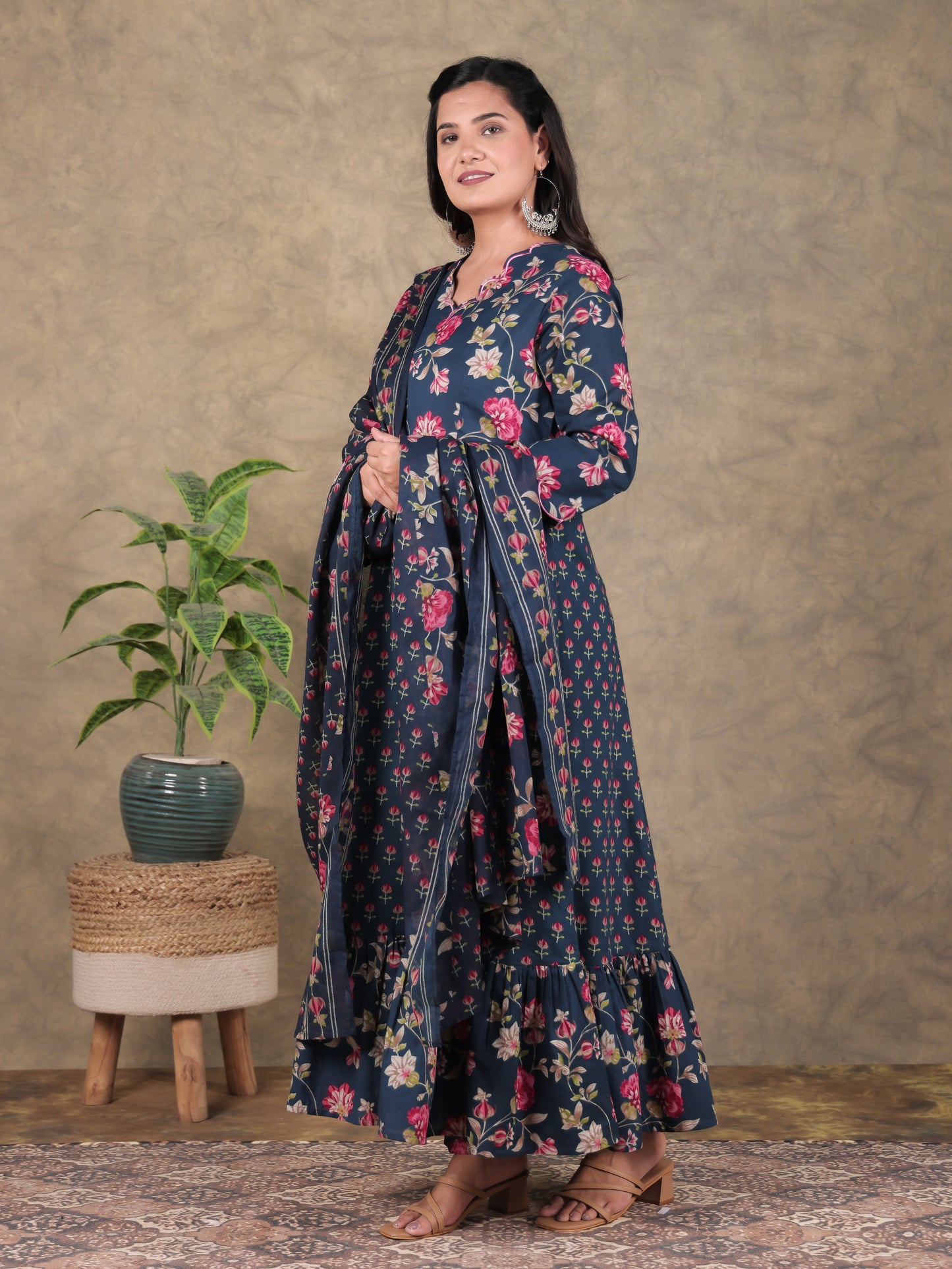 Cotton Voile Floral Blue Dupatta