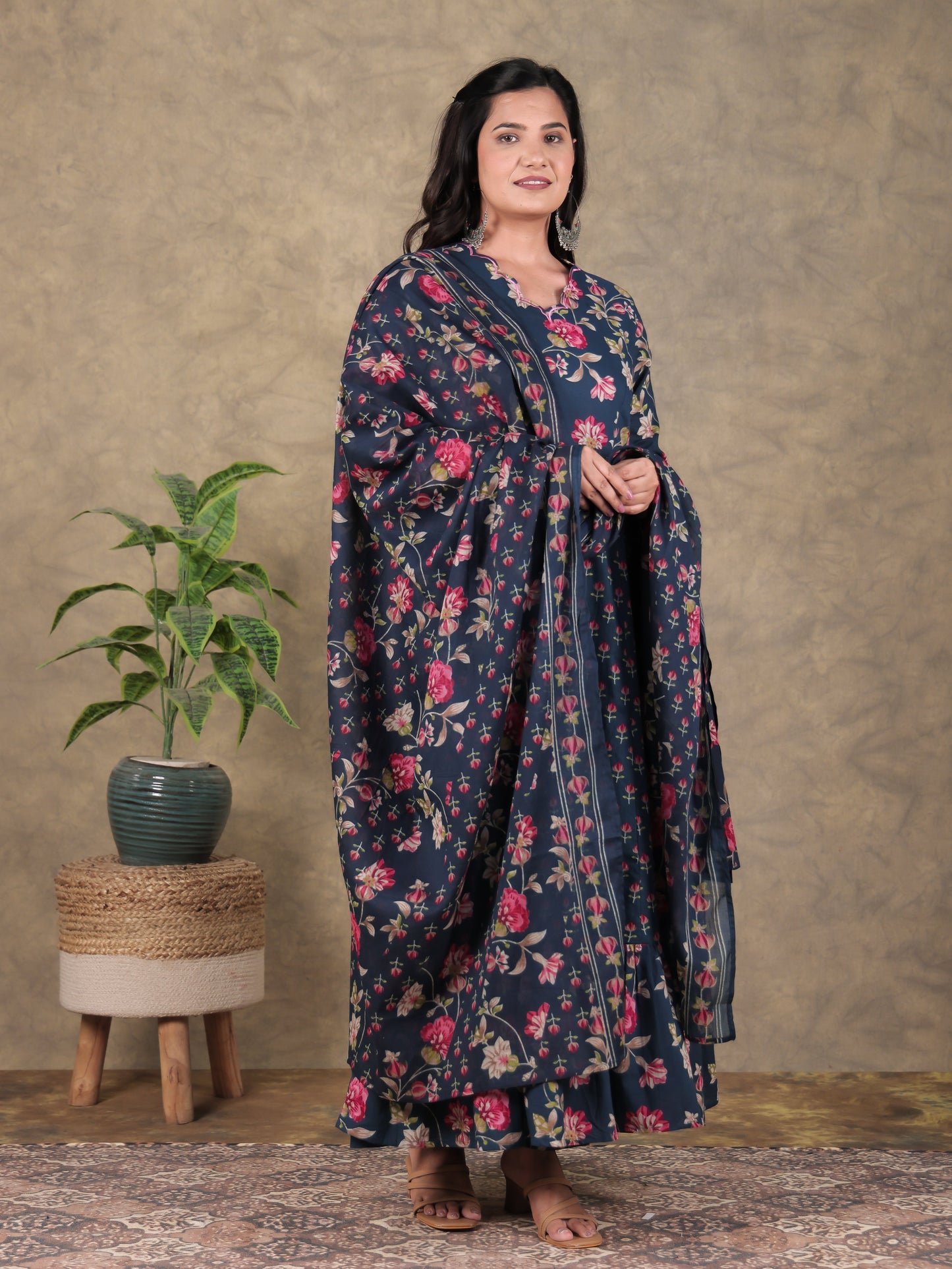 Cotton Voile Floral Blue Dupatta