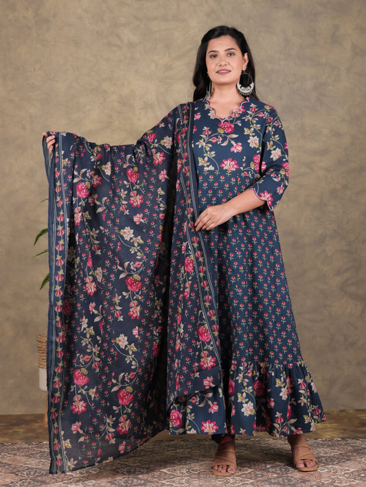 Embroidered Soft Cotton Floral Tiered Navy Blue Dress