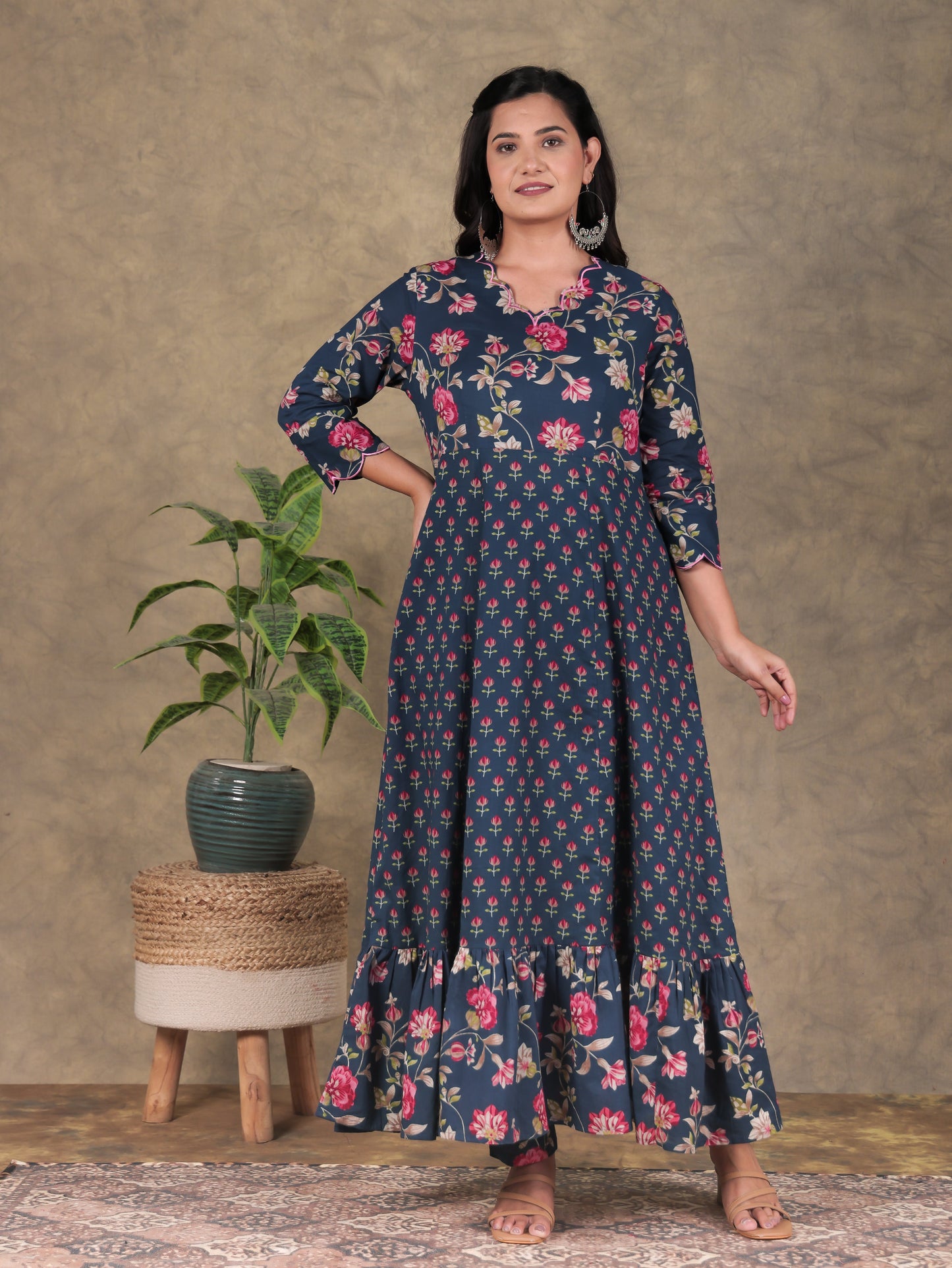 Embroidered Soft Cotton Floral Tiered Navy Blue Dress