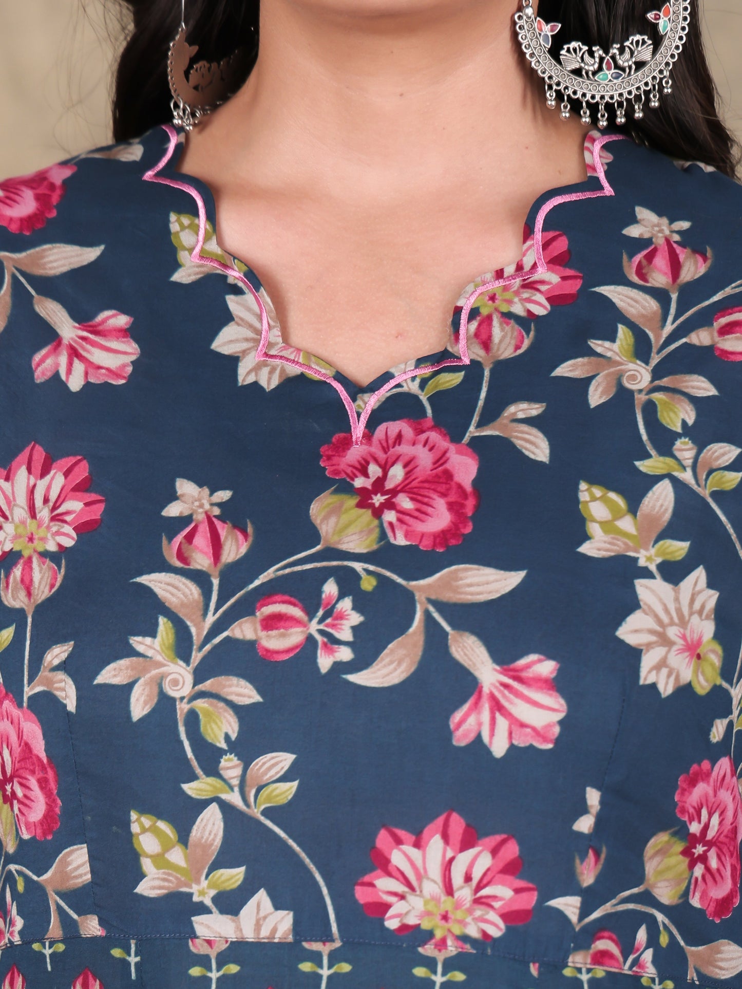 Embroidered Soft Cotton Floral Tiered Navy Blue Dress