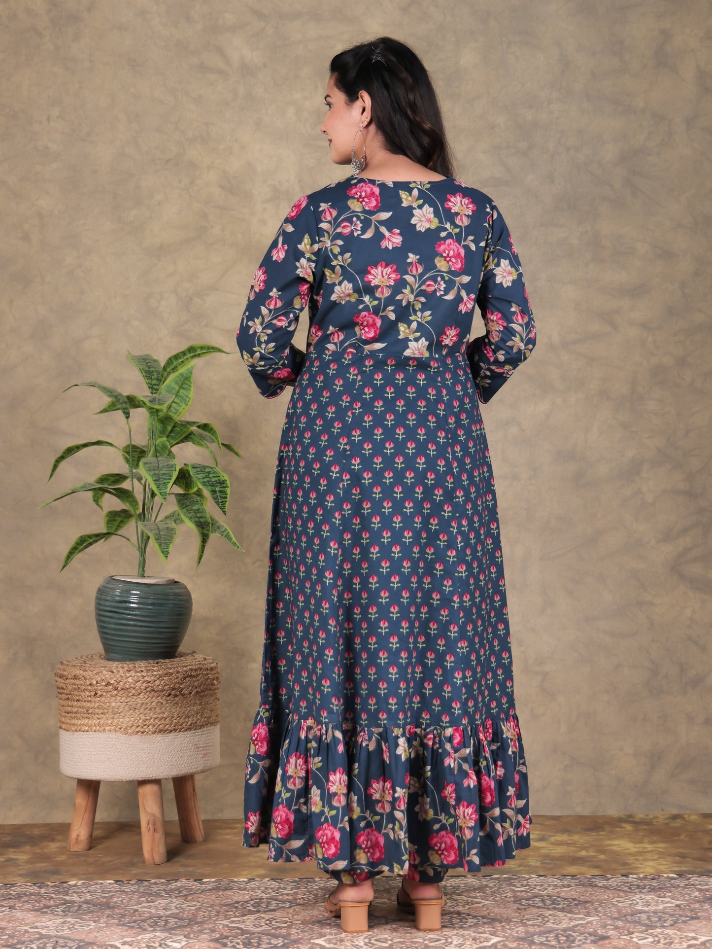 Embroidered Soft Cotton Floral Tiered Navy Blue Dress