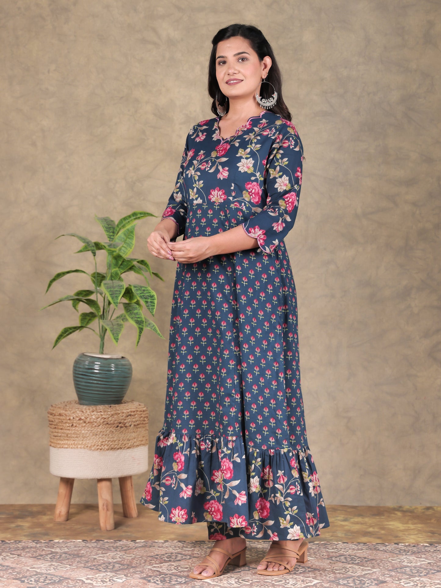 Embroidered Soft Cotton Floral Tiered Navy Blue Dress
